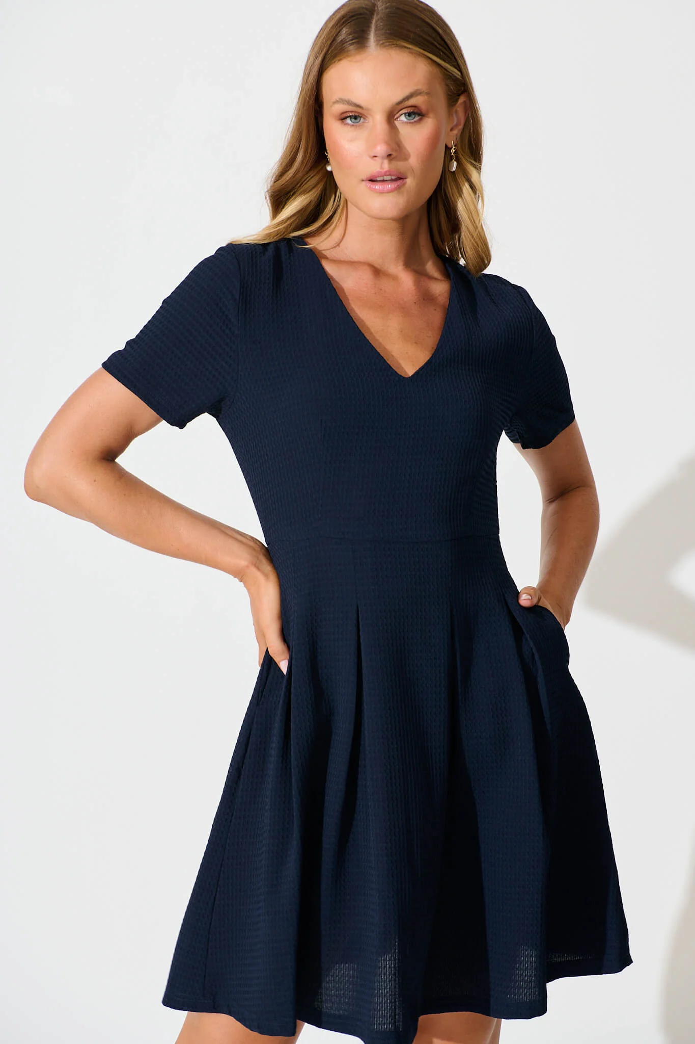 Beth Dress In Textured Navy - Image 2