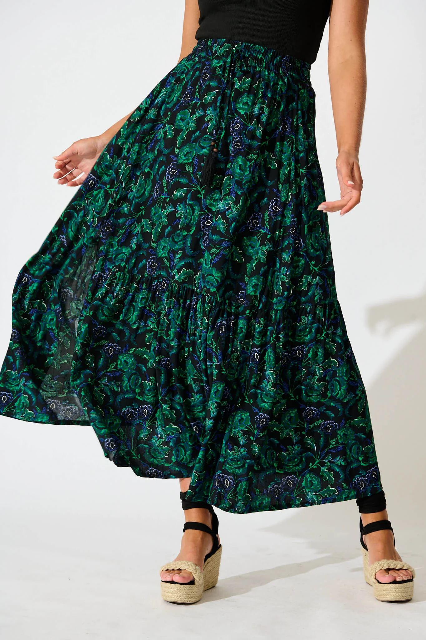 Bilboa Maxi Skirt in Emerald with Green and Blue Floral