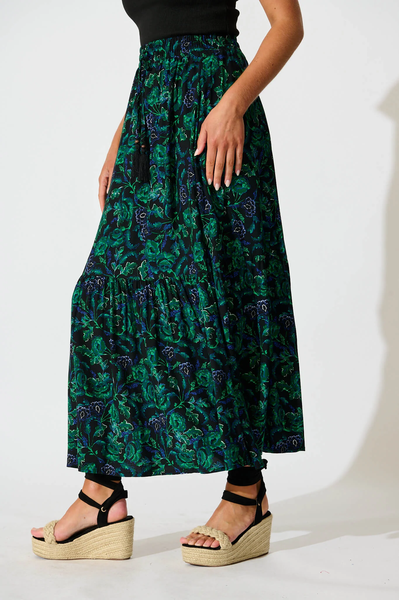 Bilboa Maxi Skirt in Emerald with Green and Blue Floral - Image 2