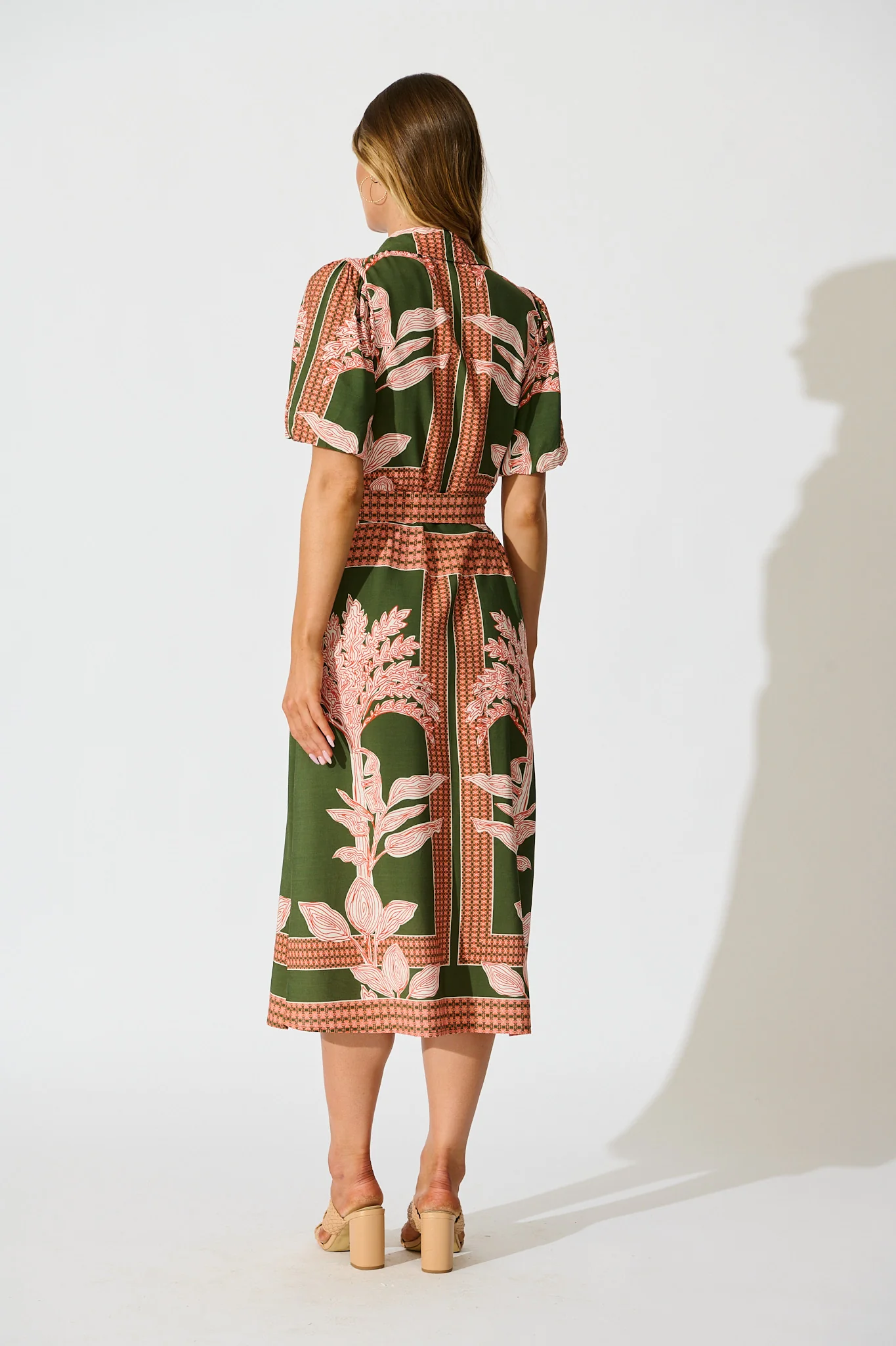 Bittersweet Midi Shirt Dress in Khaki Placement Print - Image 4