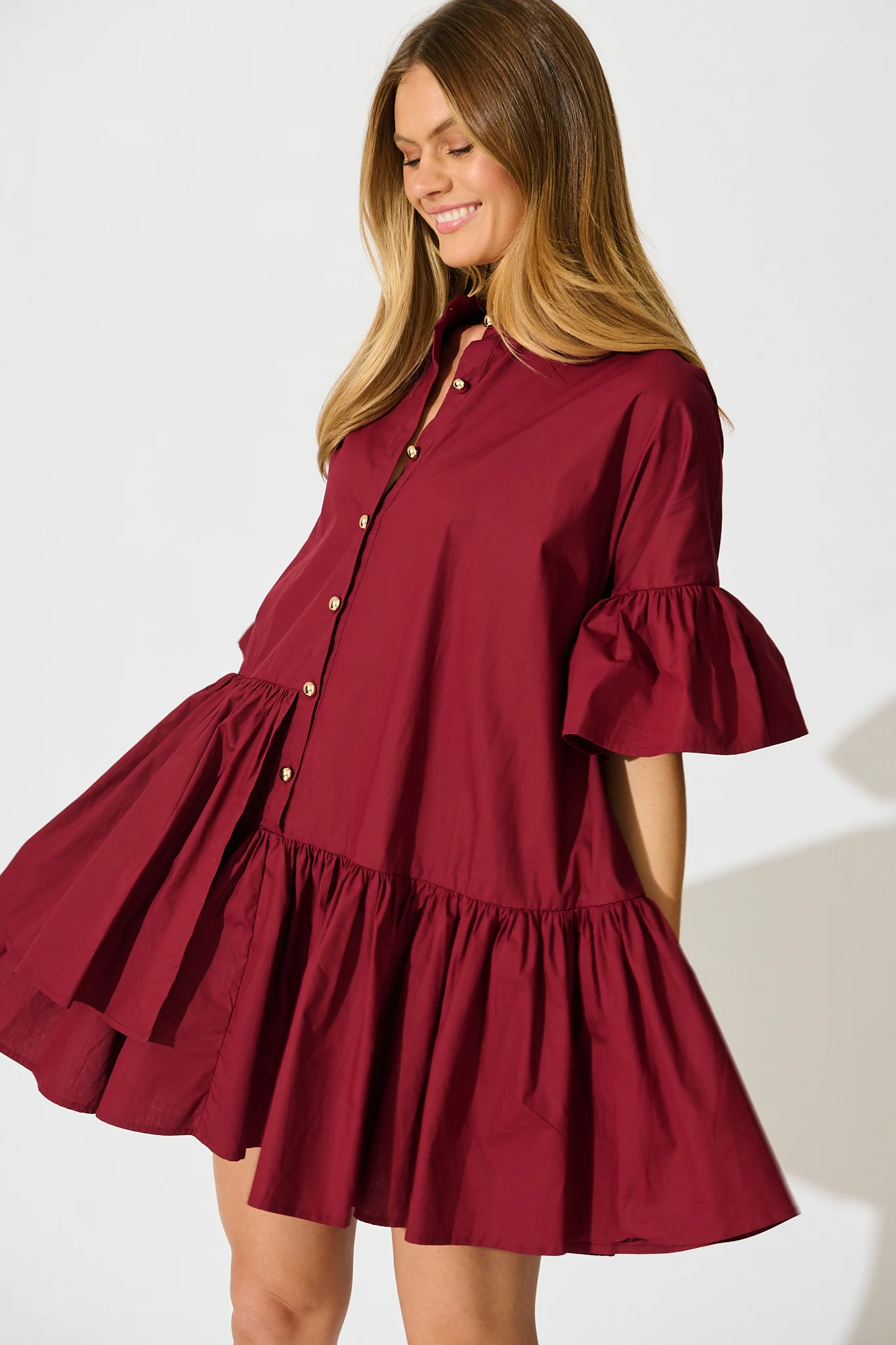 Blaire Smock Dress In Wine Cotton - Image 2