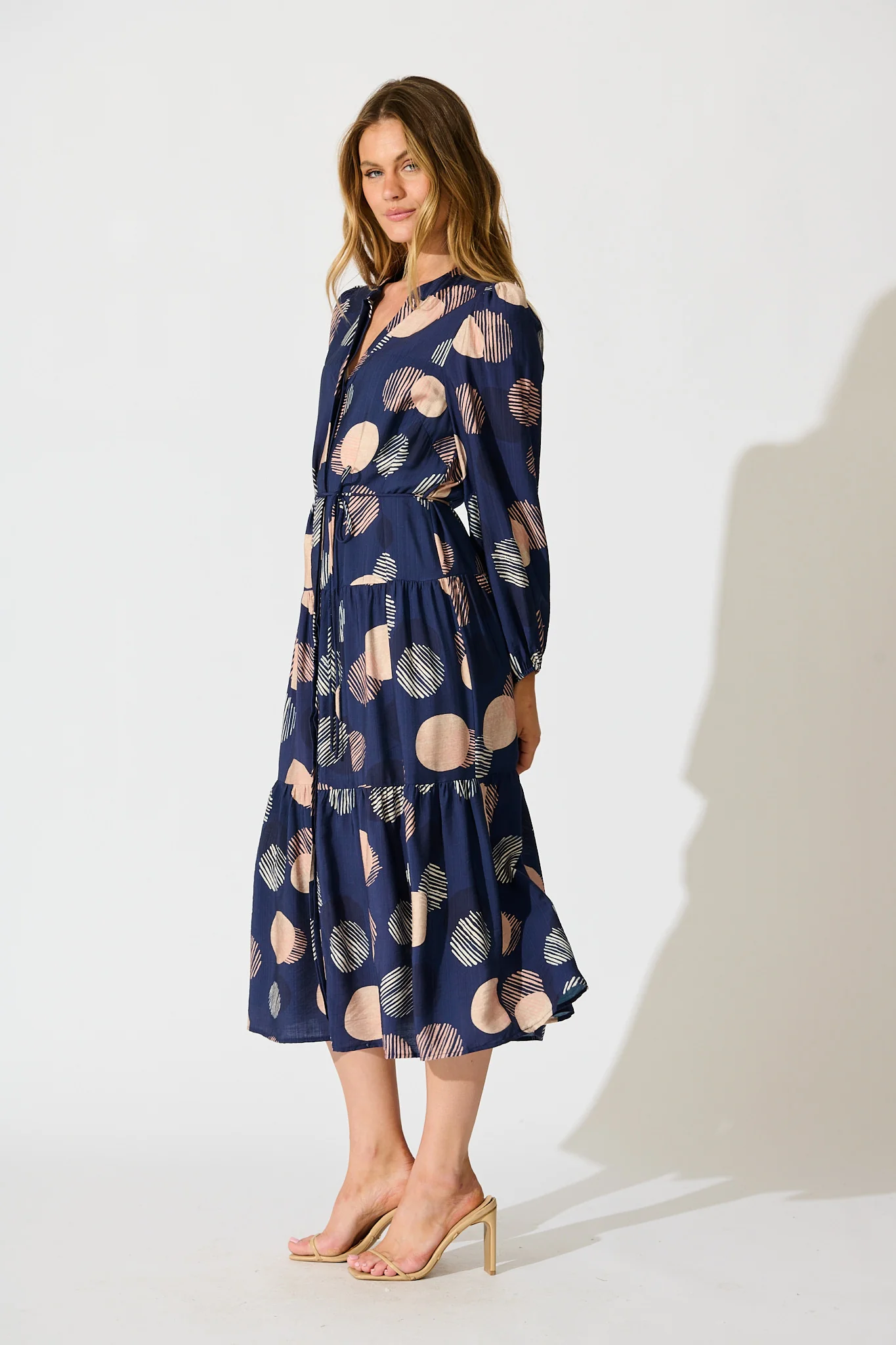Blake Midi Dress in Navy with Blush Spot Print - Image 3