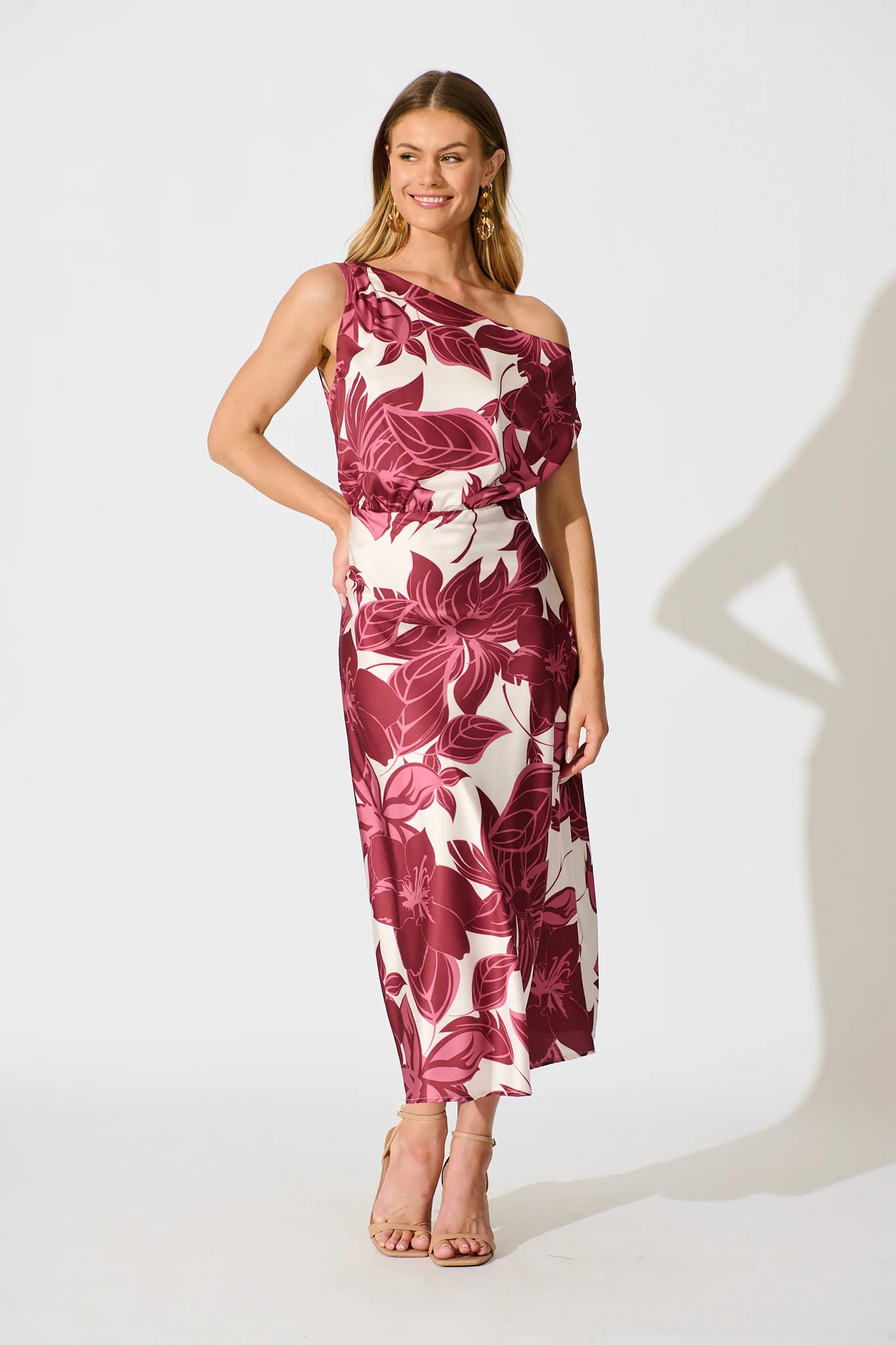 Bloom Aura Off Shoulder Maxi Dress in Red Floral