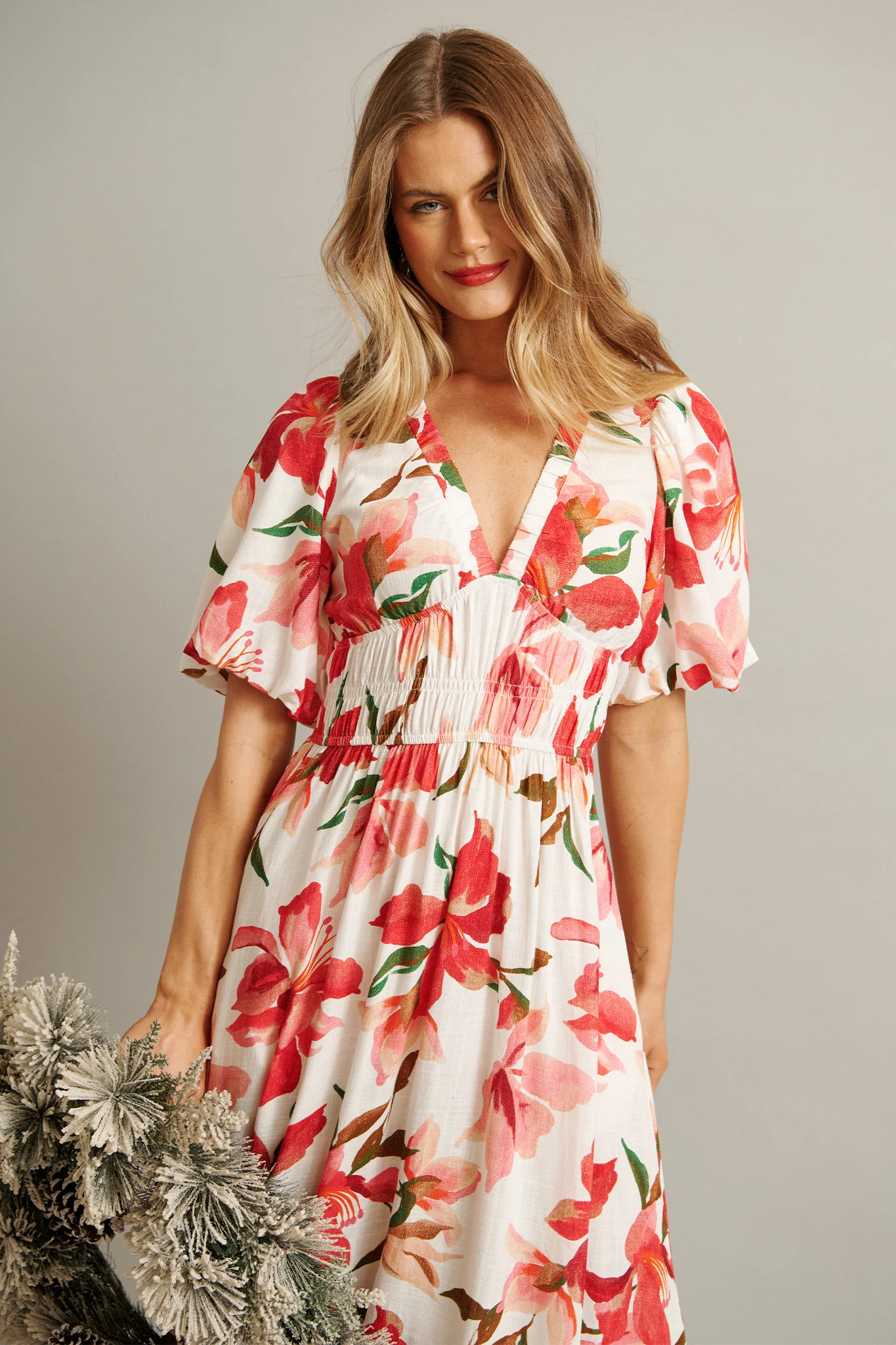 Bloomlit Midi Dress in White with Red Floral Linen Blend - Image 2