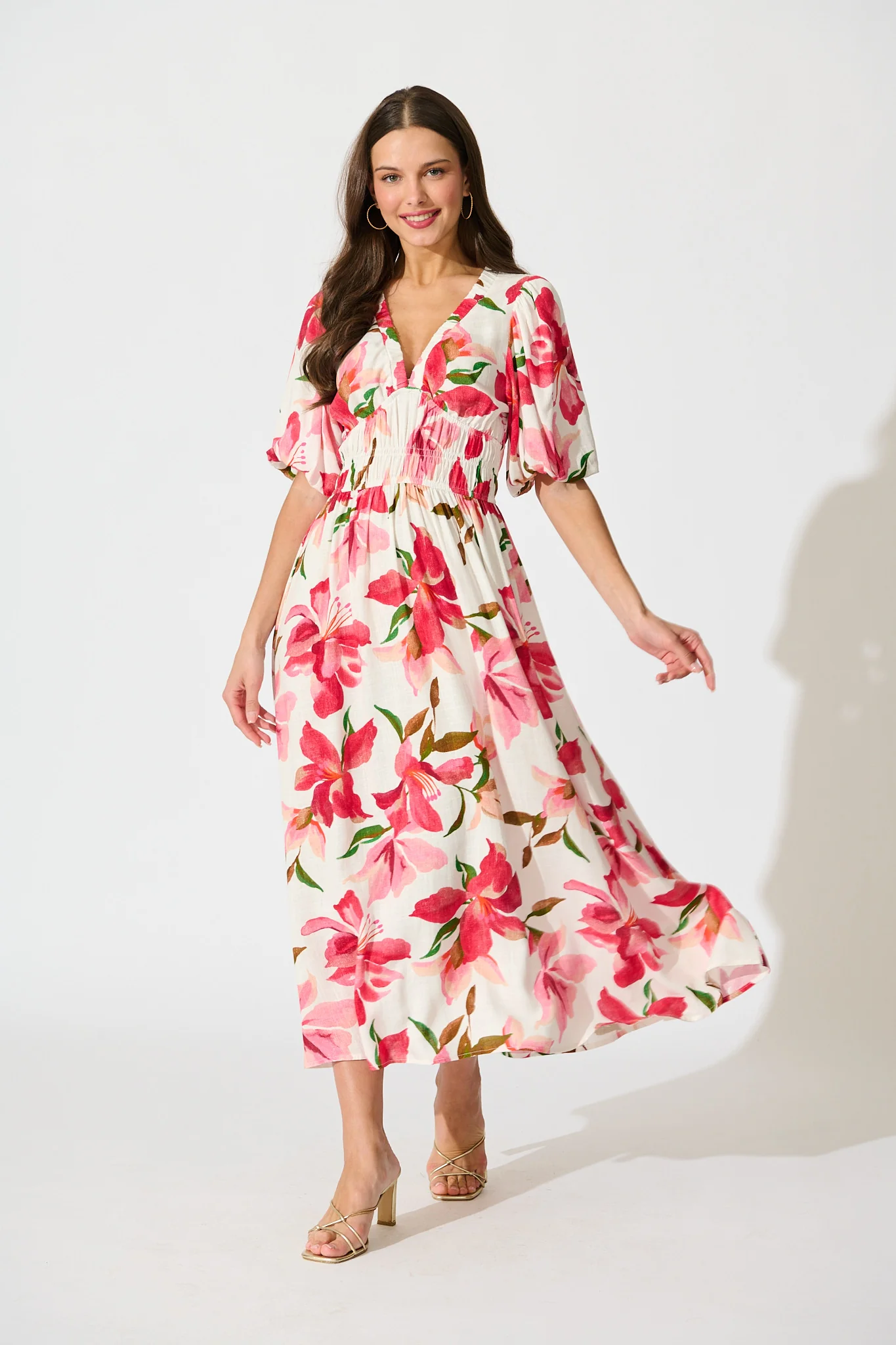 Bloomlit Midi Dress in White with Red Floral Linen Blend - Image 3