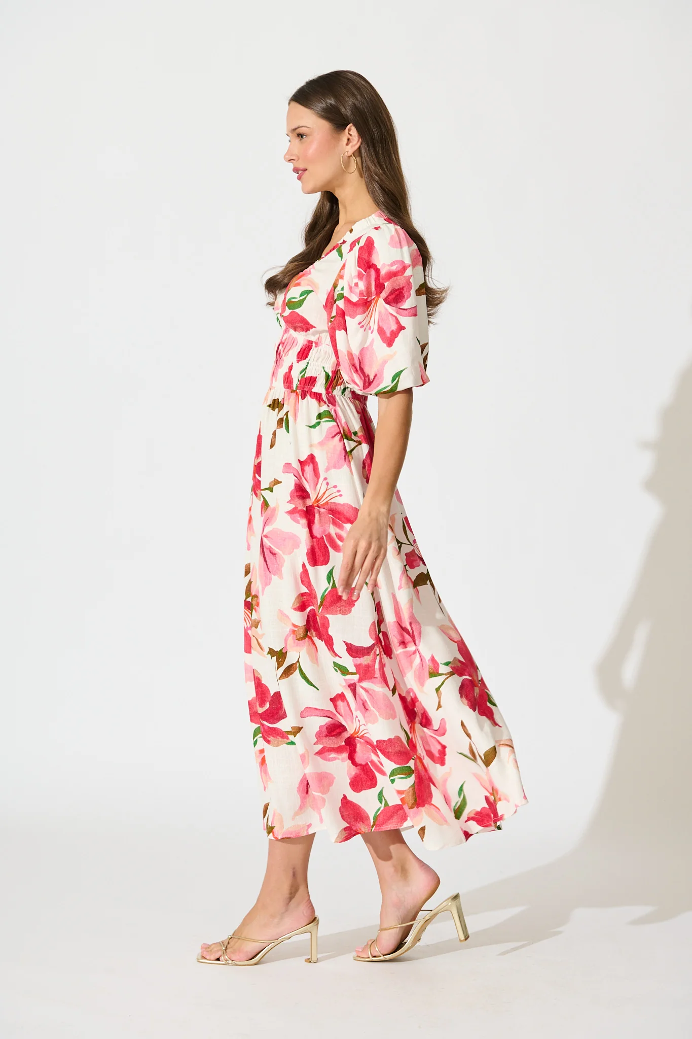 Bloomlit Midi Dress in White with Red Floral Linen Blend - Image 6