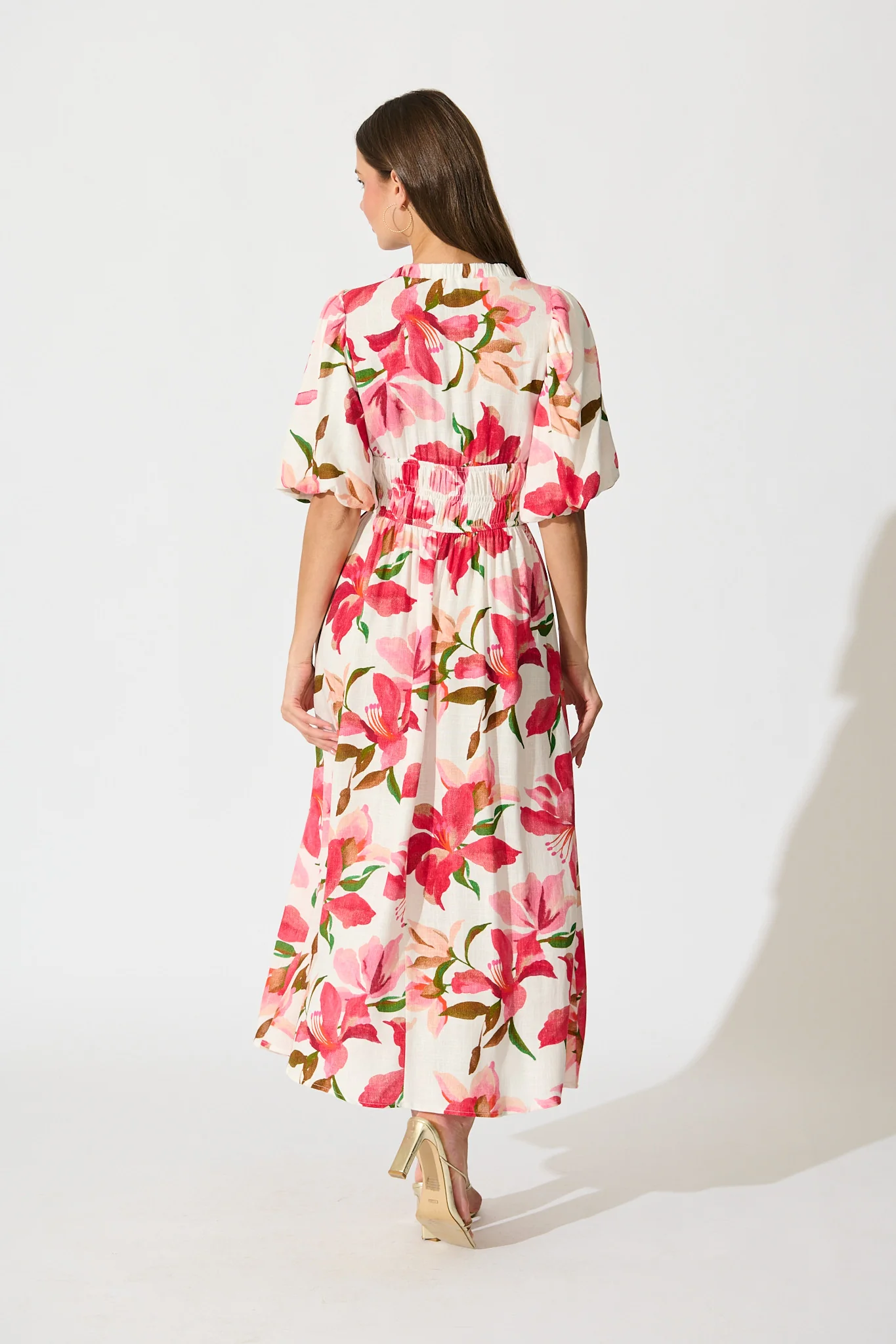 Bloomlit Midi Dress in White with Red Floral Linen Blend - Image 7