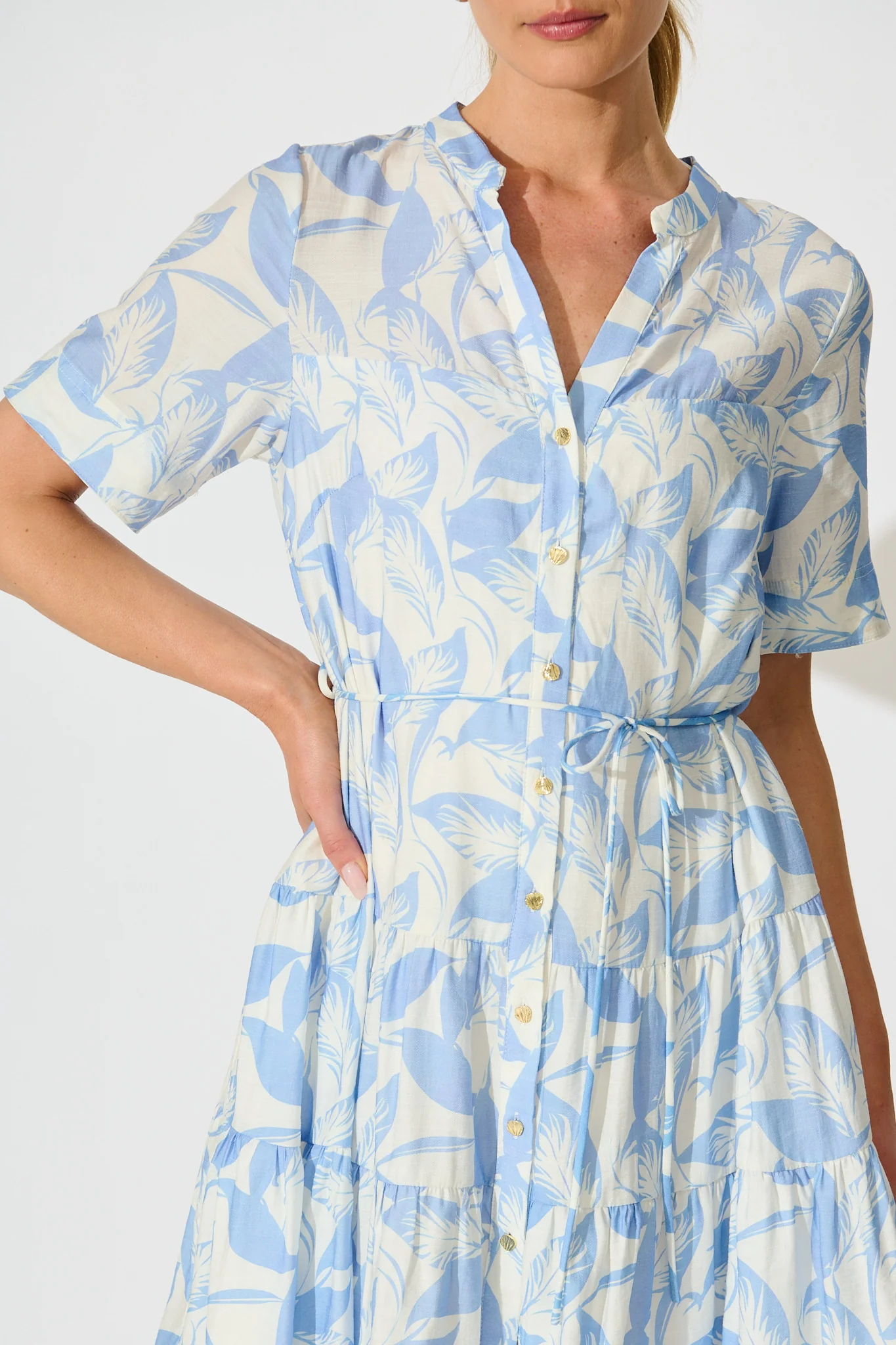 Bluma Dress in White with Blue Leaf Print - Image 5