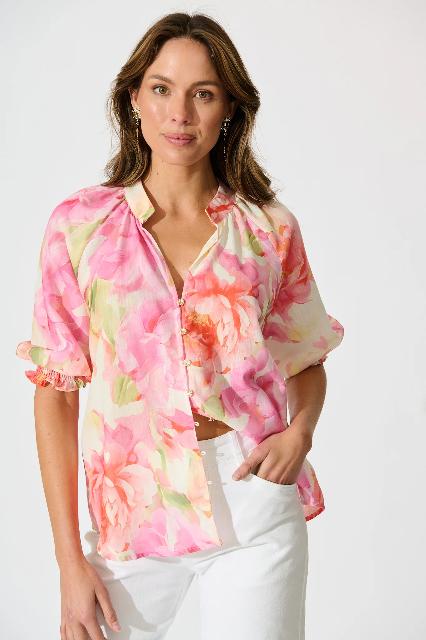 Blushing Horizon Top in Pink Multi Floral Linen Blend