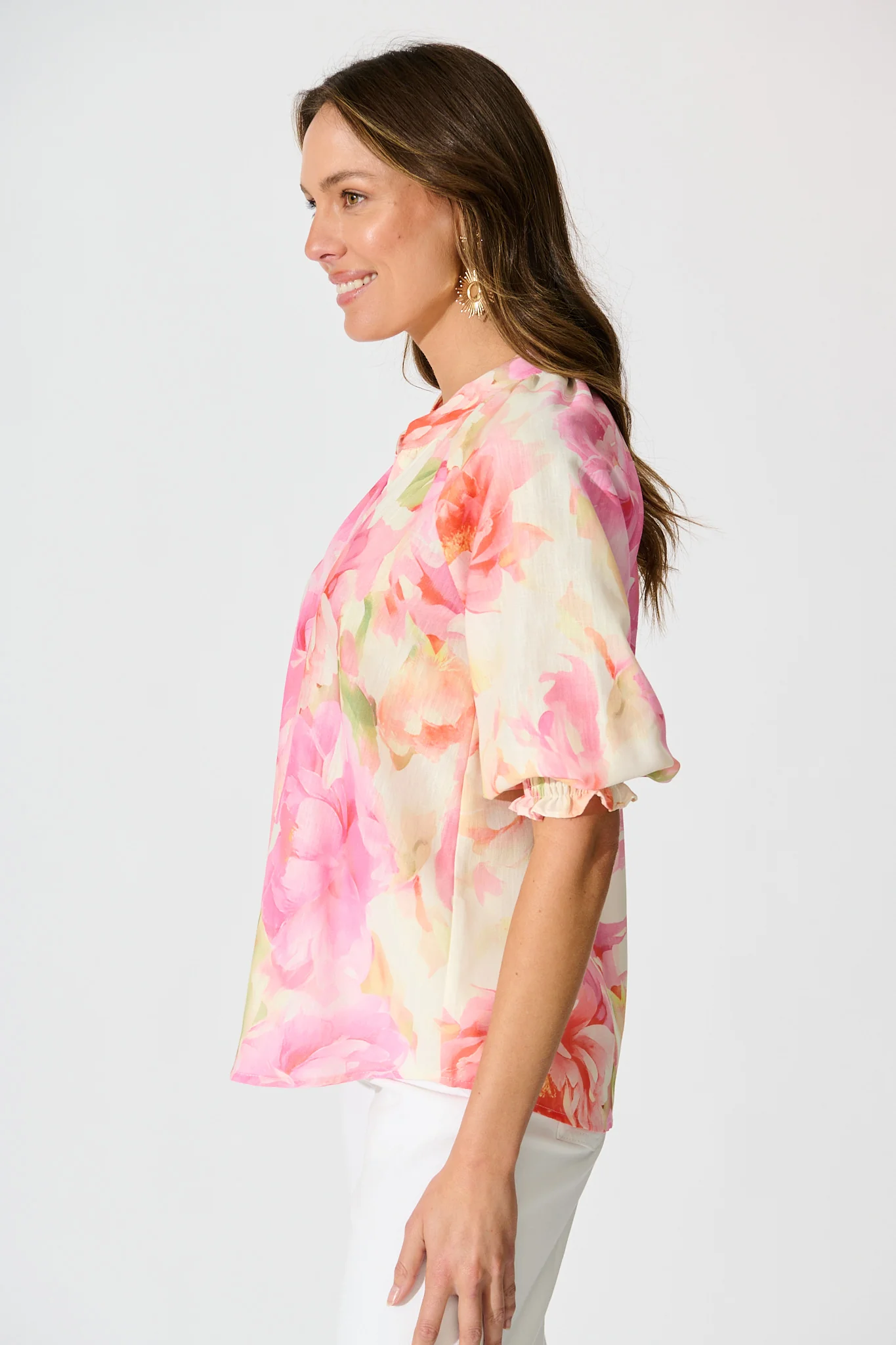Blushing Horizon Top in Pink Multi Floral Linen Blend - Image 2