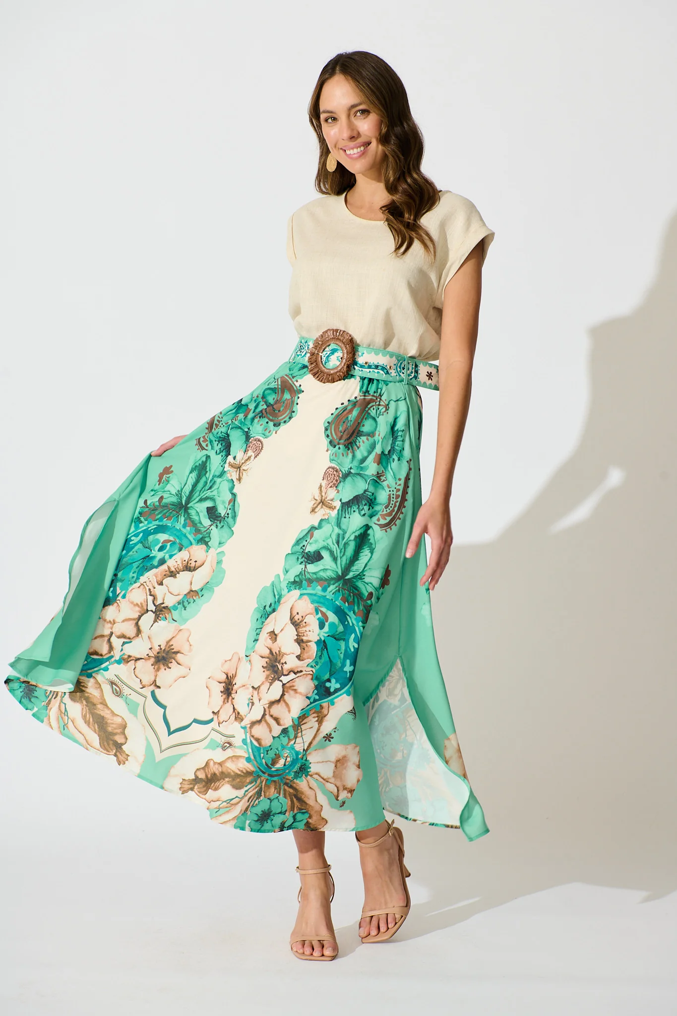 Boheme Breeze Skirt in Cream with Jade Print Linen Blend - Image 7