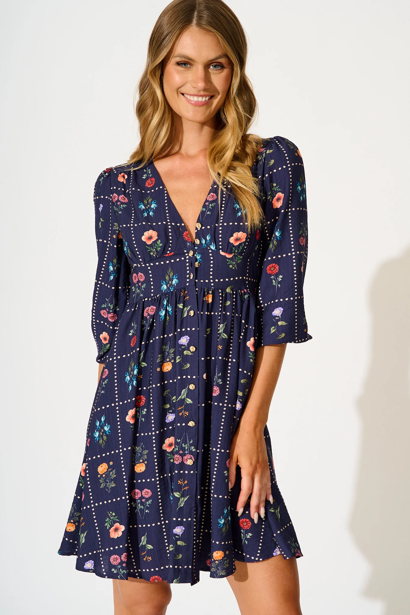Border Bloom Dress in Navy with Multi Floral - Image 2