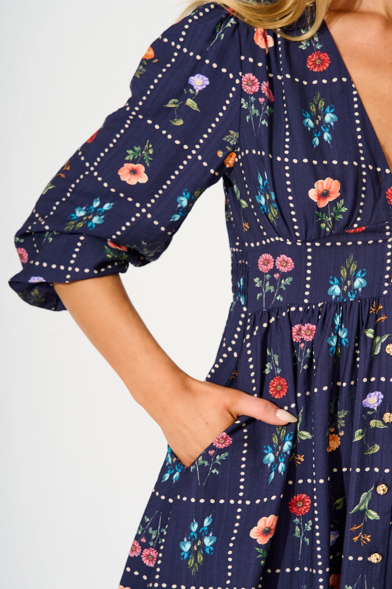 Border Bloom Dress in Navy with Multi Floral - Image 5
