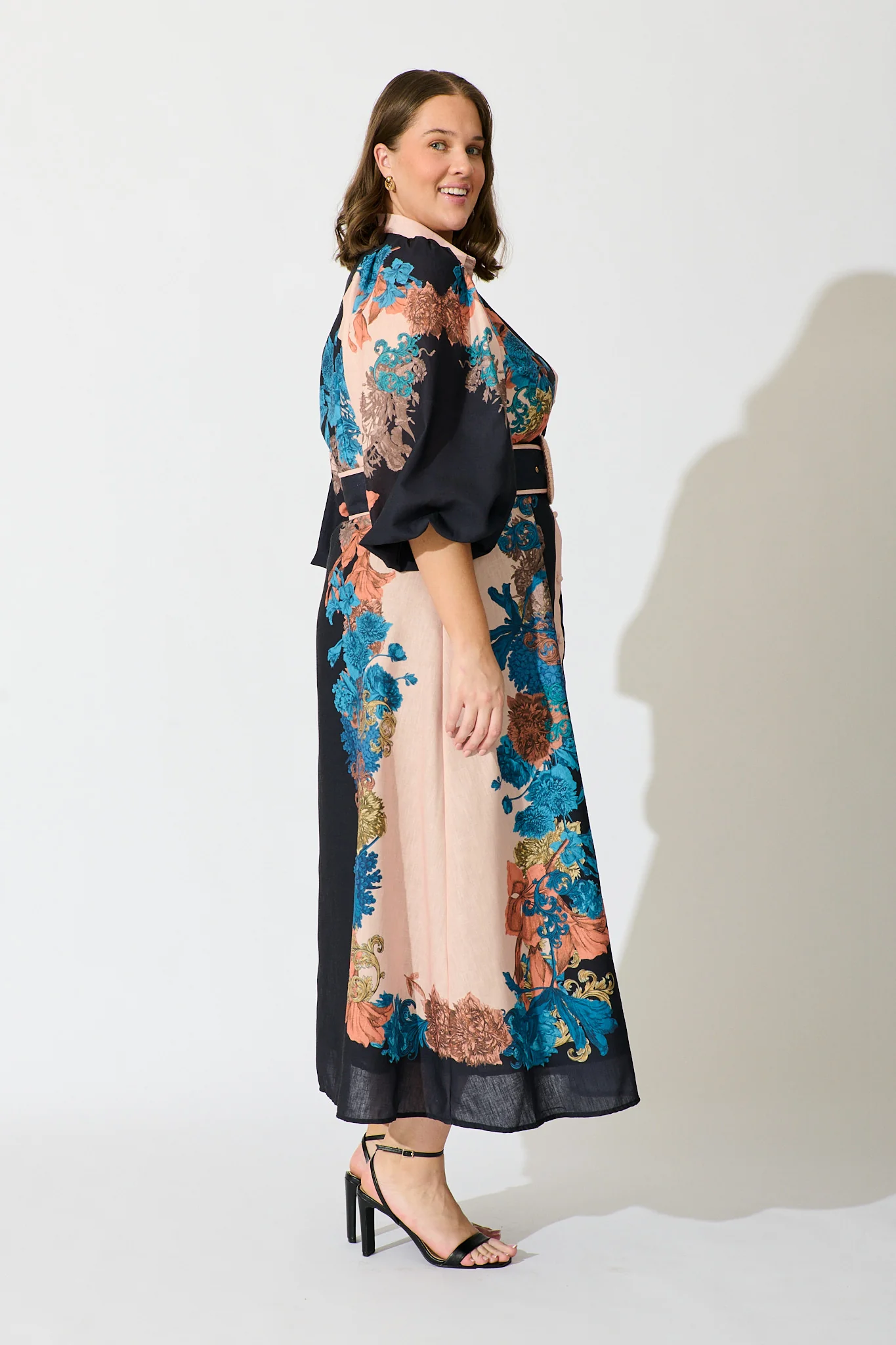Botanical Bliss Maxi Shirt Dress in Black Multi Floral Linen Blend - Image 10