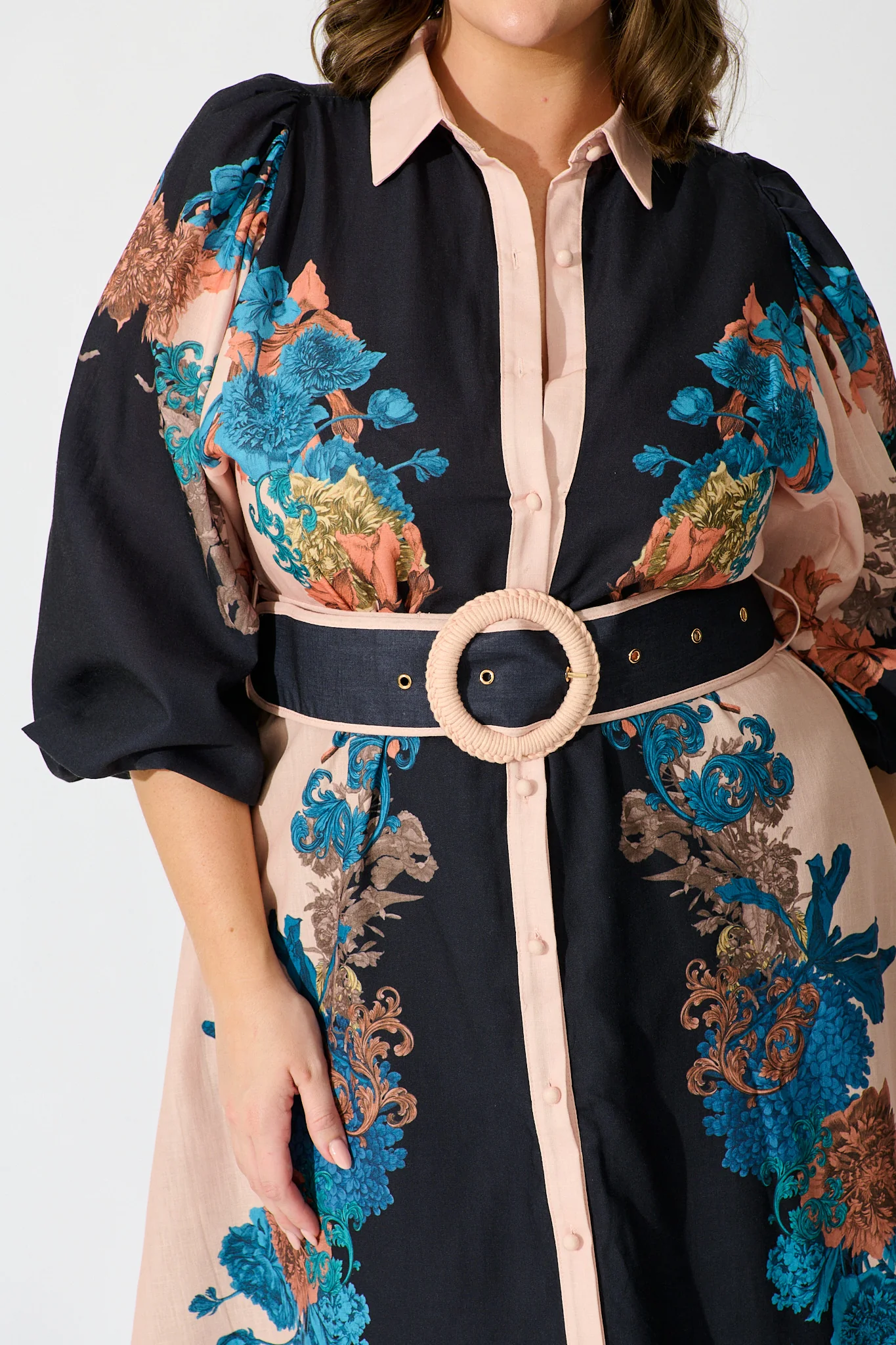 Botanical Bliss Maxi Shirt Dress in Black Multi Floral Linen Blend - Image 12