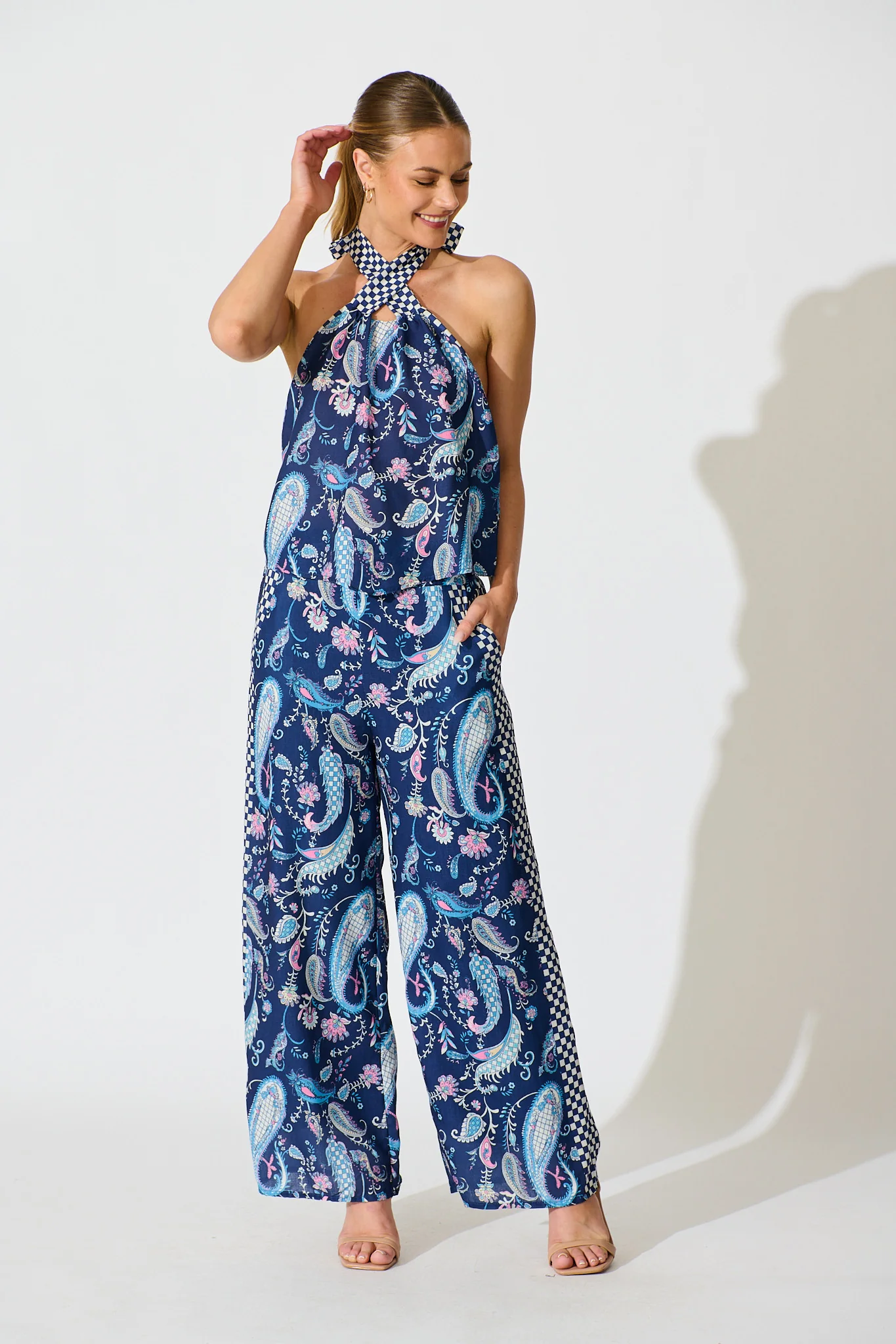Braelyn Halterneck Top In Navy Paisley Print Linen Blend - Image 5