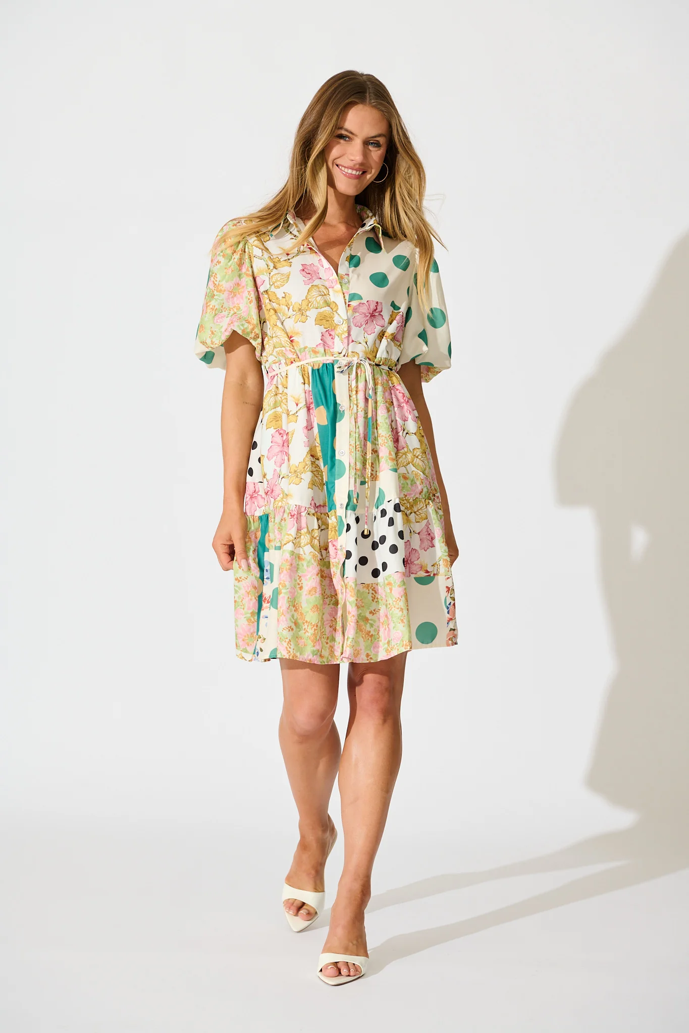 Breeanne Shirt Dress in Multi Green Patchwork Print