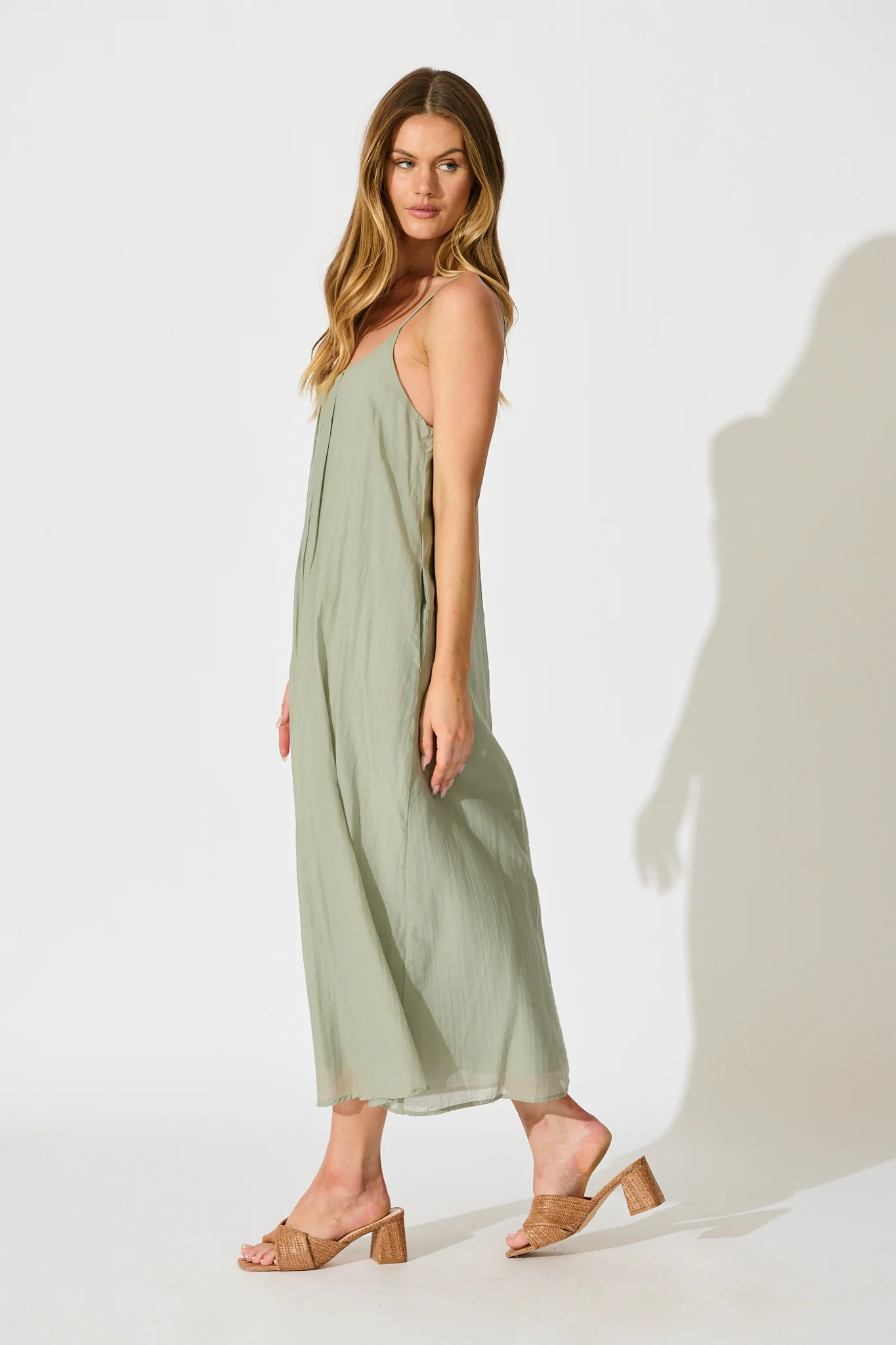 Breeze Maxi Sundress in Pleated Sage Cotton Blend - Image 3
