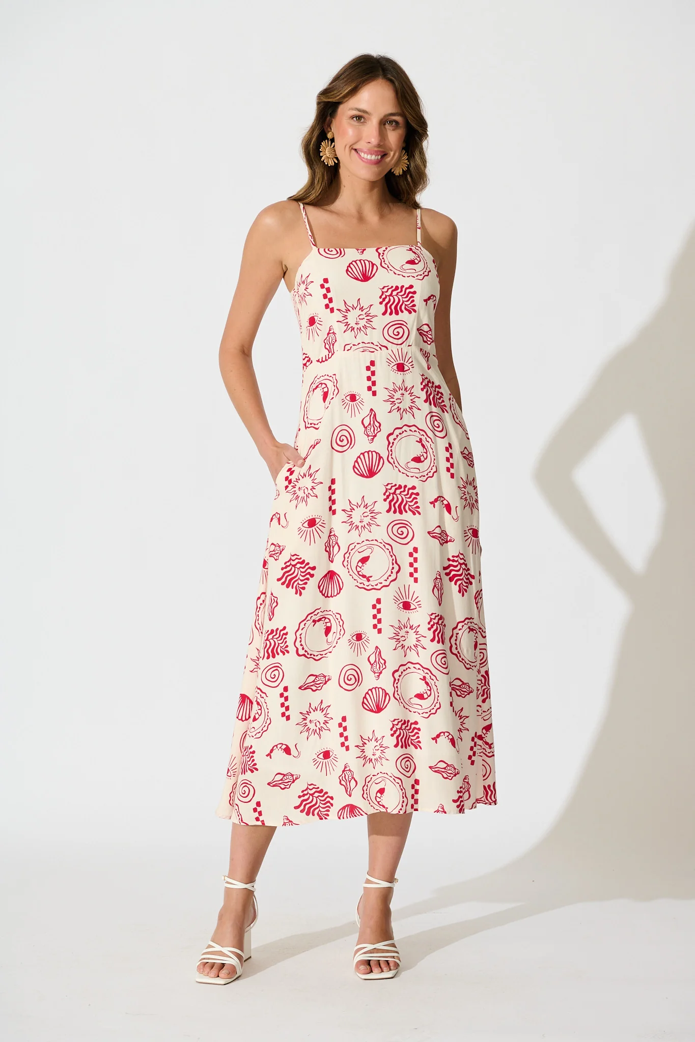 Briella Midi Sundress in Cream with Red Print