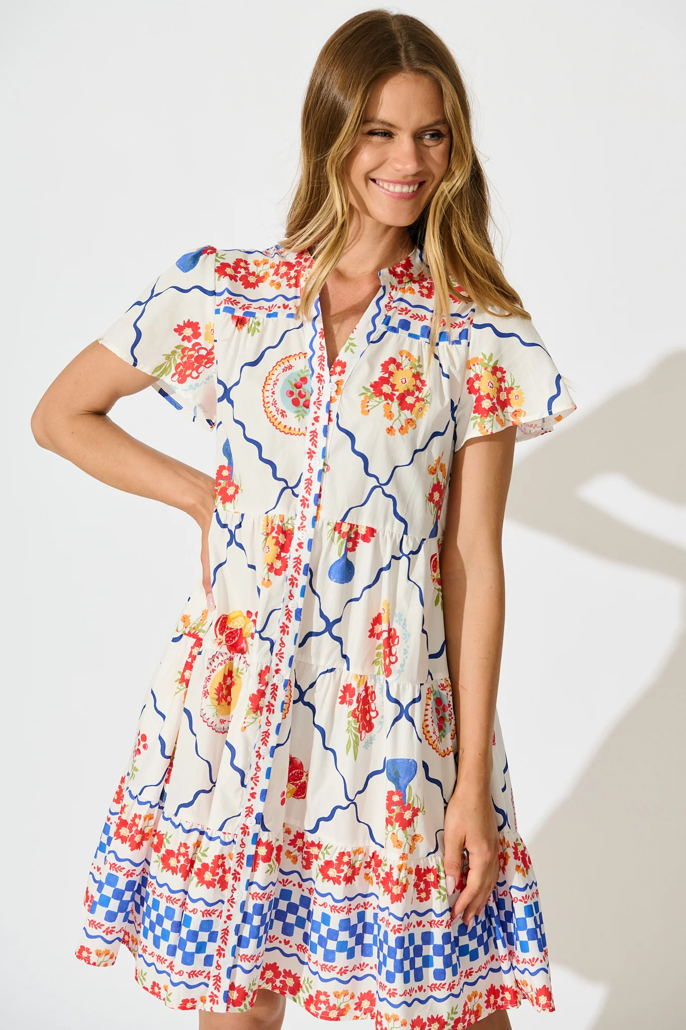 Briene Smock Dress in White Multi Tile Cotton - Image 2