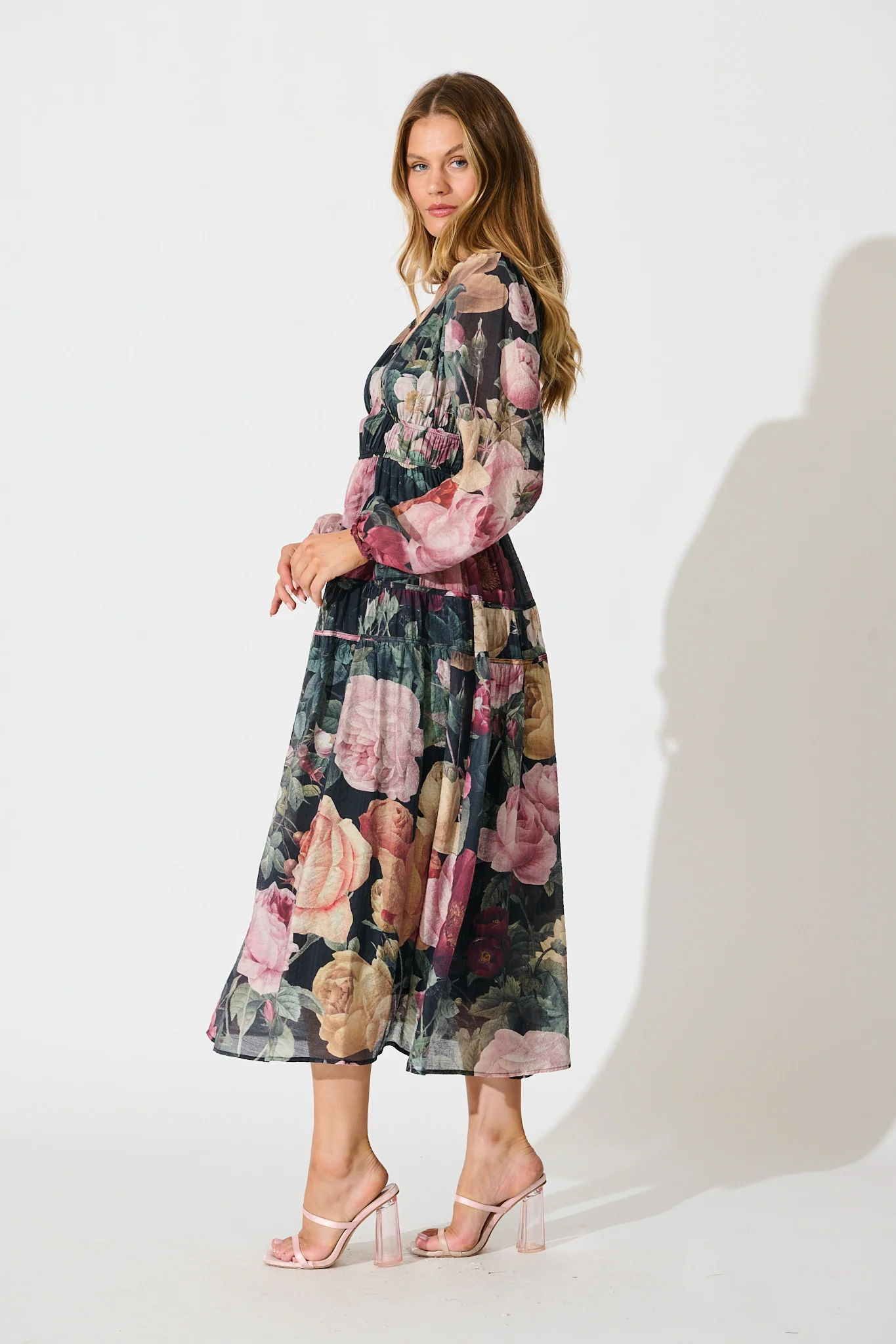 Brigette Midi Dress in Black with Multi Floral Print - Image 3