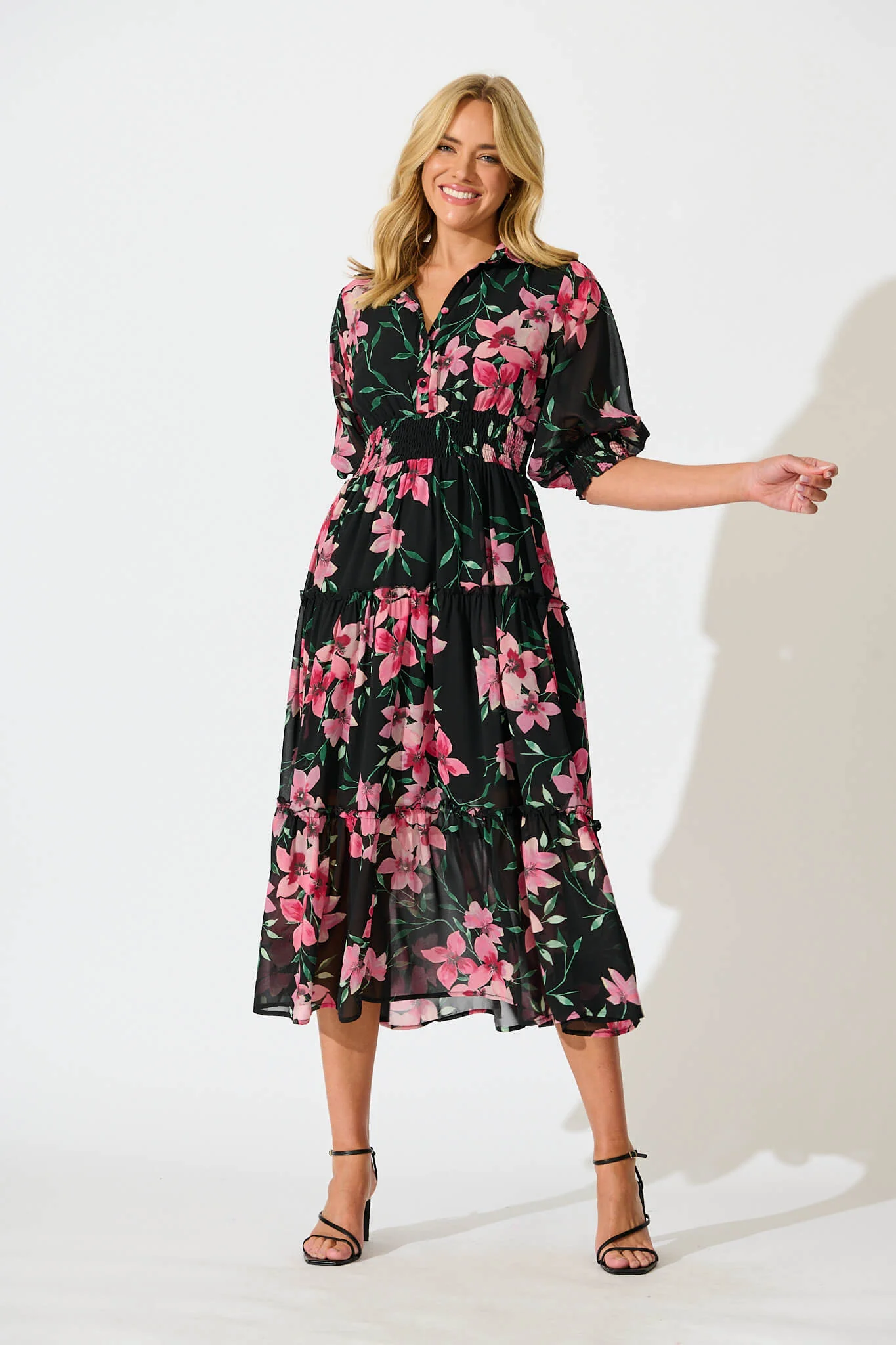 Brittney Midi Dress In Black And Pink Floral Chiffon