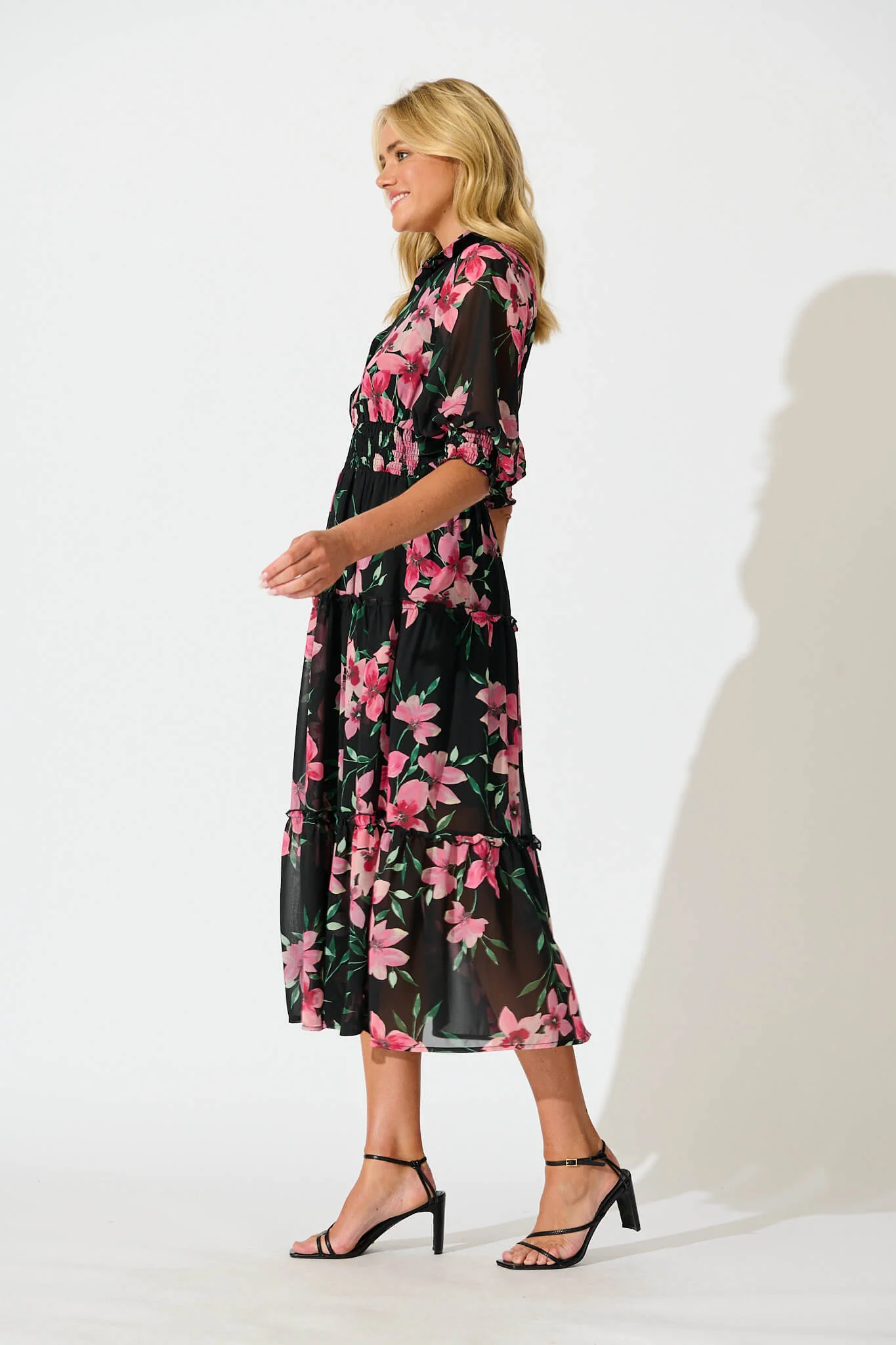Brittney Midi Dress In Black And Pink Floral Chiffon - Image 3