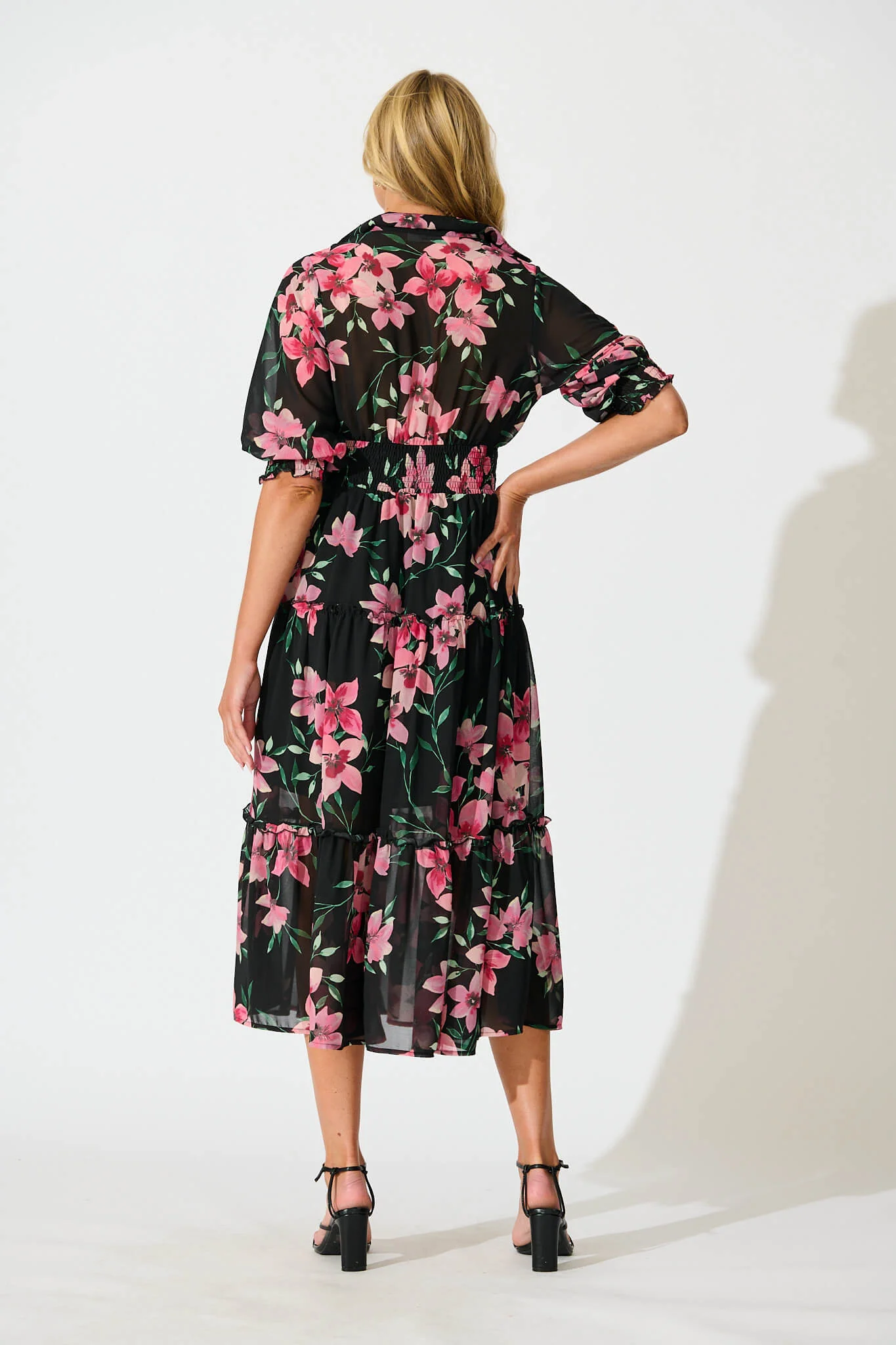 Brittney Midi Dress In Black And Pink Floral Chiffon - Image 4