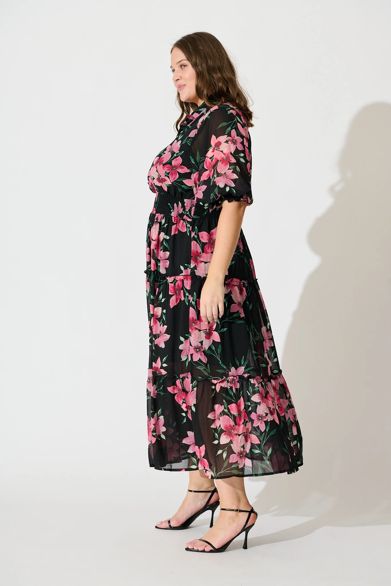 Brittney Midi Dress In Black And Pink Floral Chiffon - Image 8