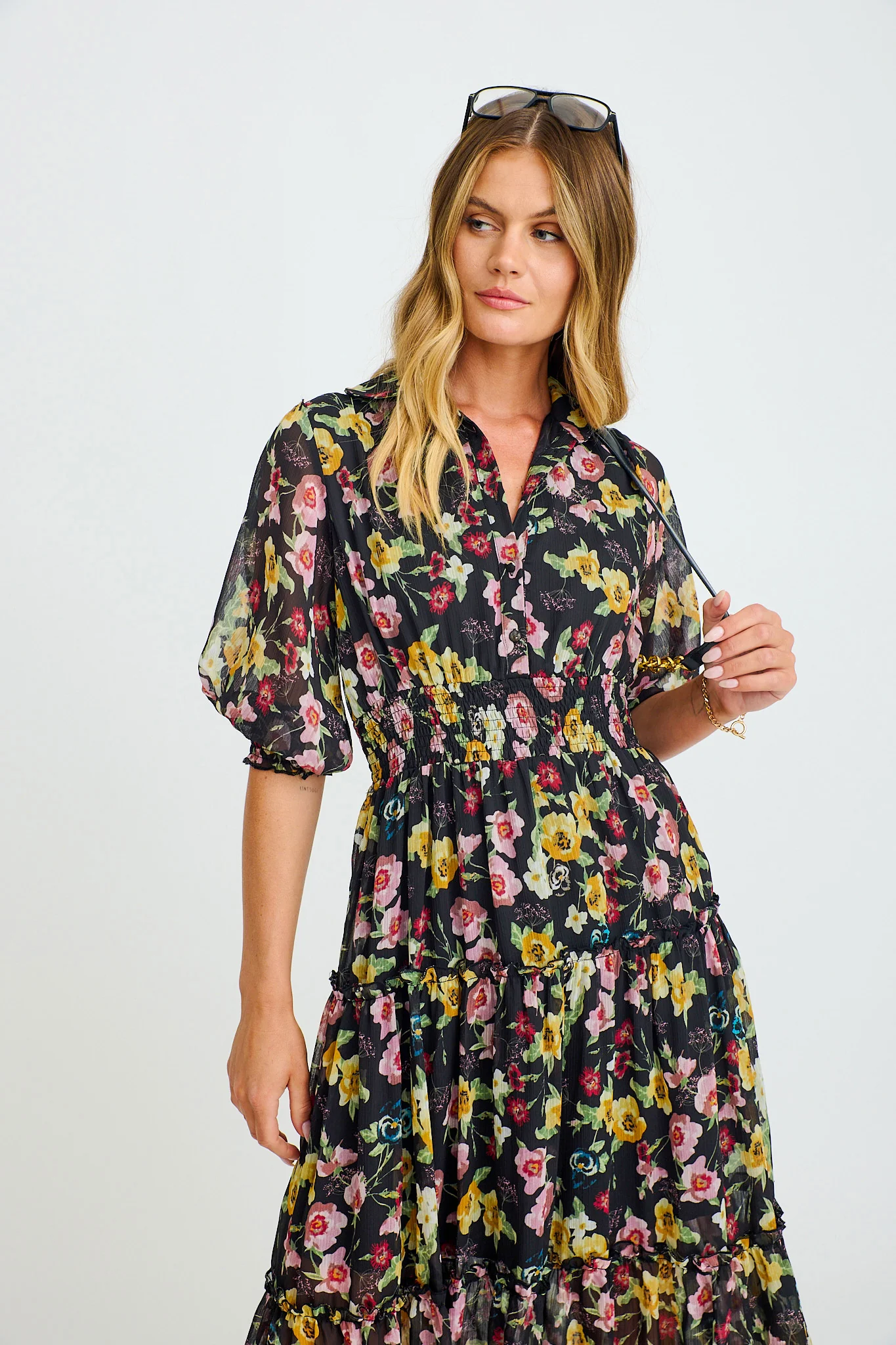 Brittney Midi Dress in Black Multi Floral Chiffon - Image 3