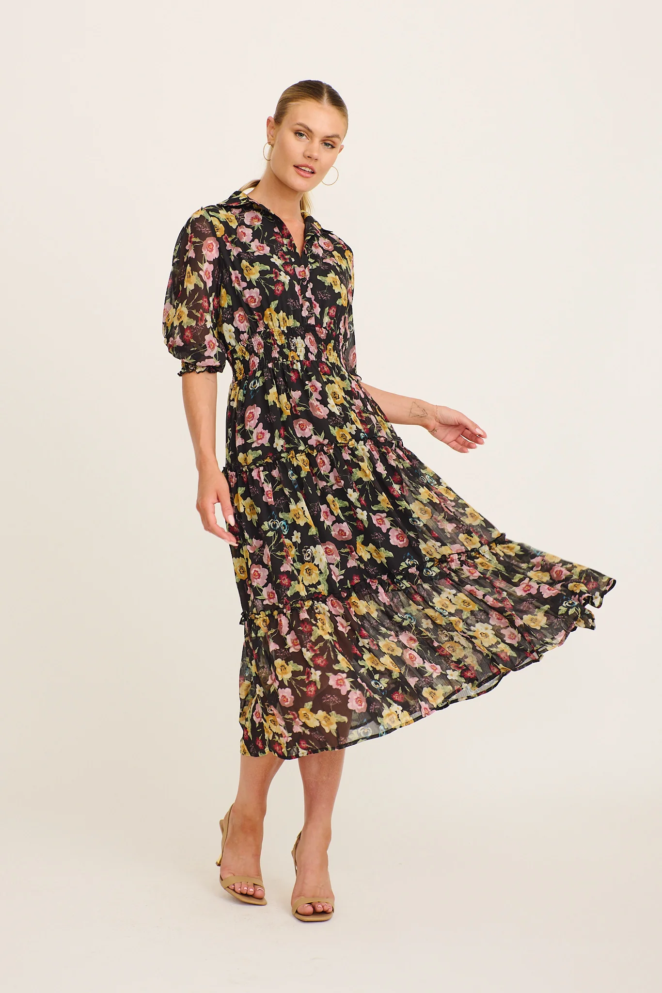 Brittney Midi Dress in Black Multi Floral Chiffon - Image 4