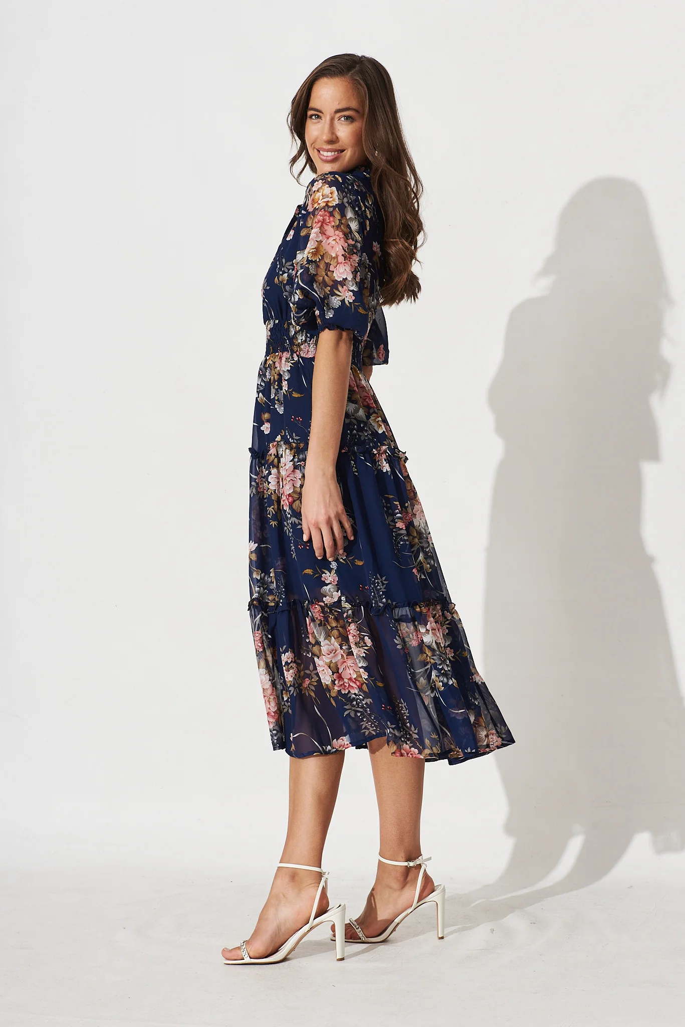 Brittney Midi Dress In Navy And Pink Floral Chiffon - Image 3