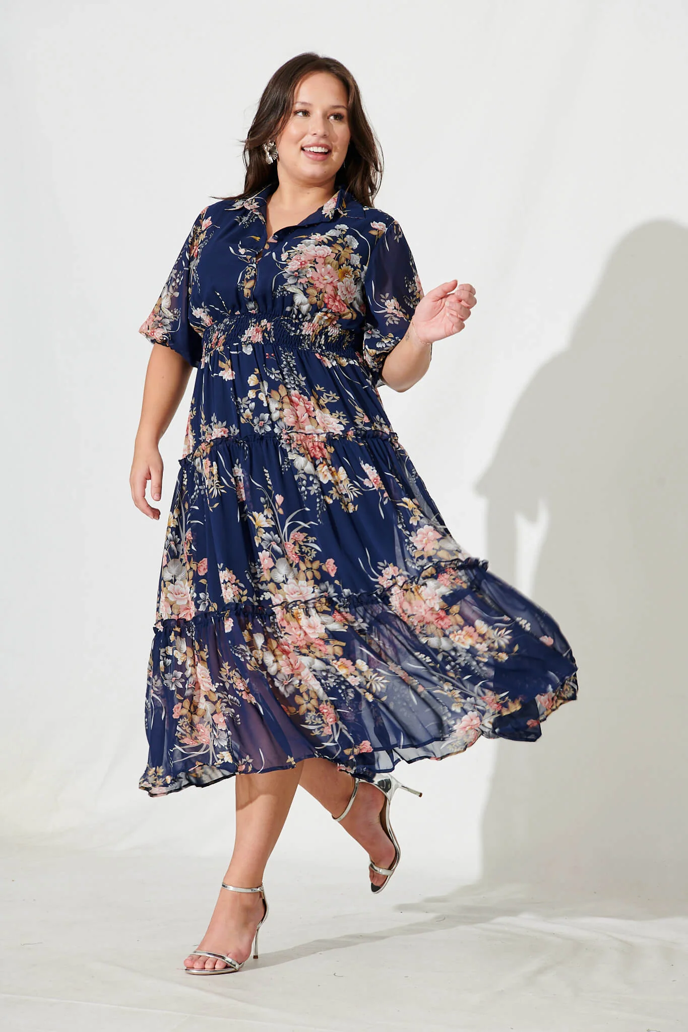 Brittney Midi Dress In Navy And Pink Floral Chiffon - Image 7