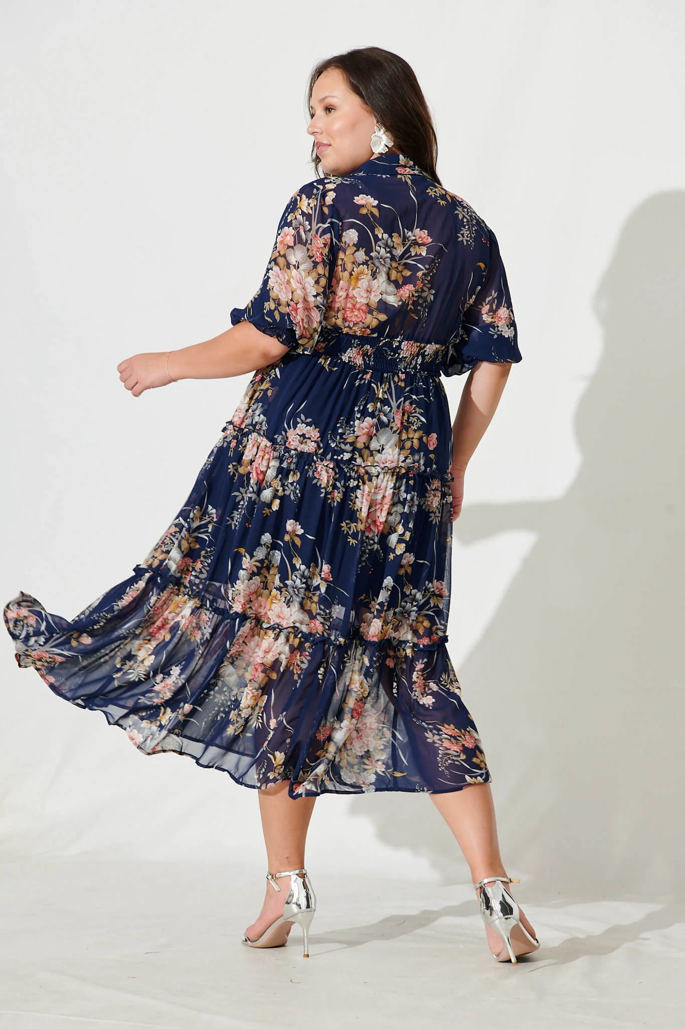 Brittney Midi Dress In Navy And Pink Floral Chiffon - Image 9
