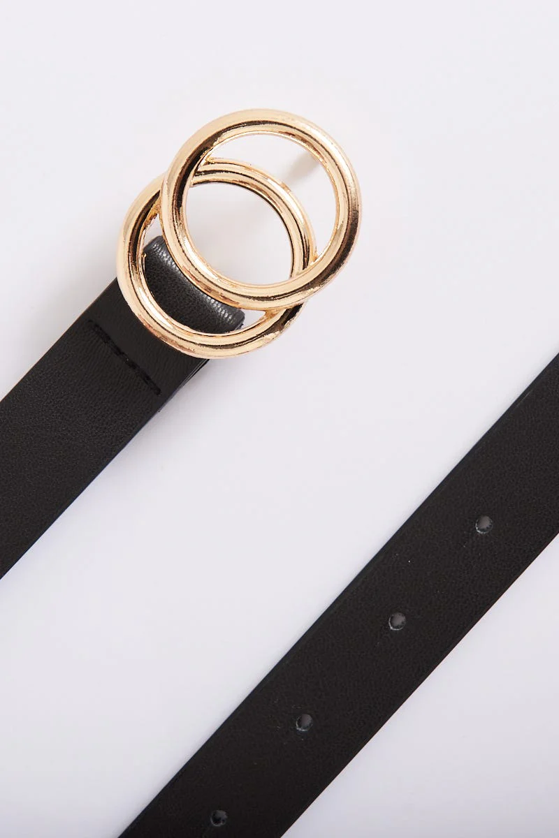 Brooklyn Belt In Black With Double Gold Ring Buckle