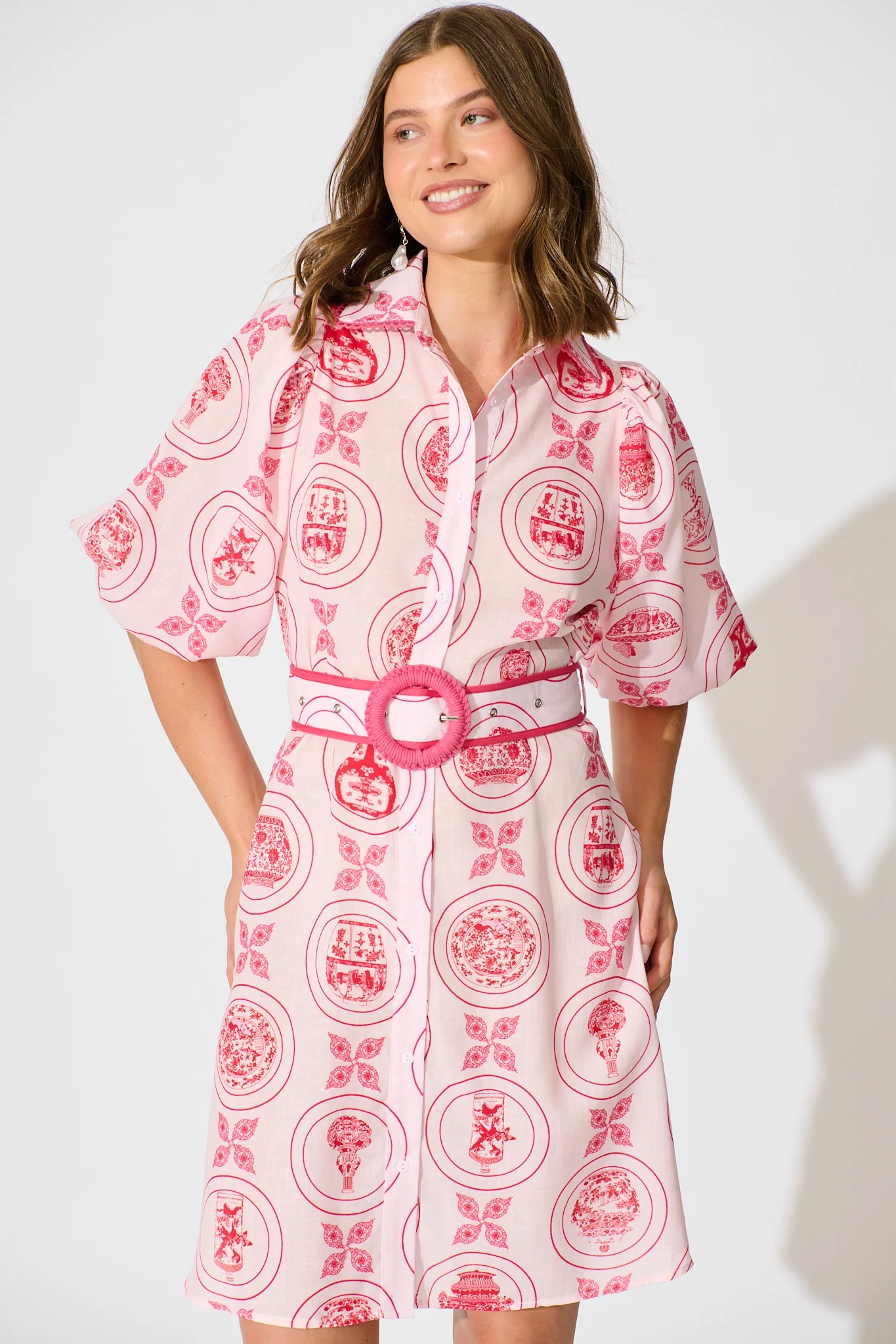 Brooks Shirt Dress in Pink Tiles Linen Blend - Image 2
