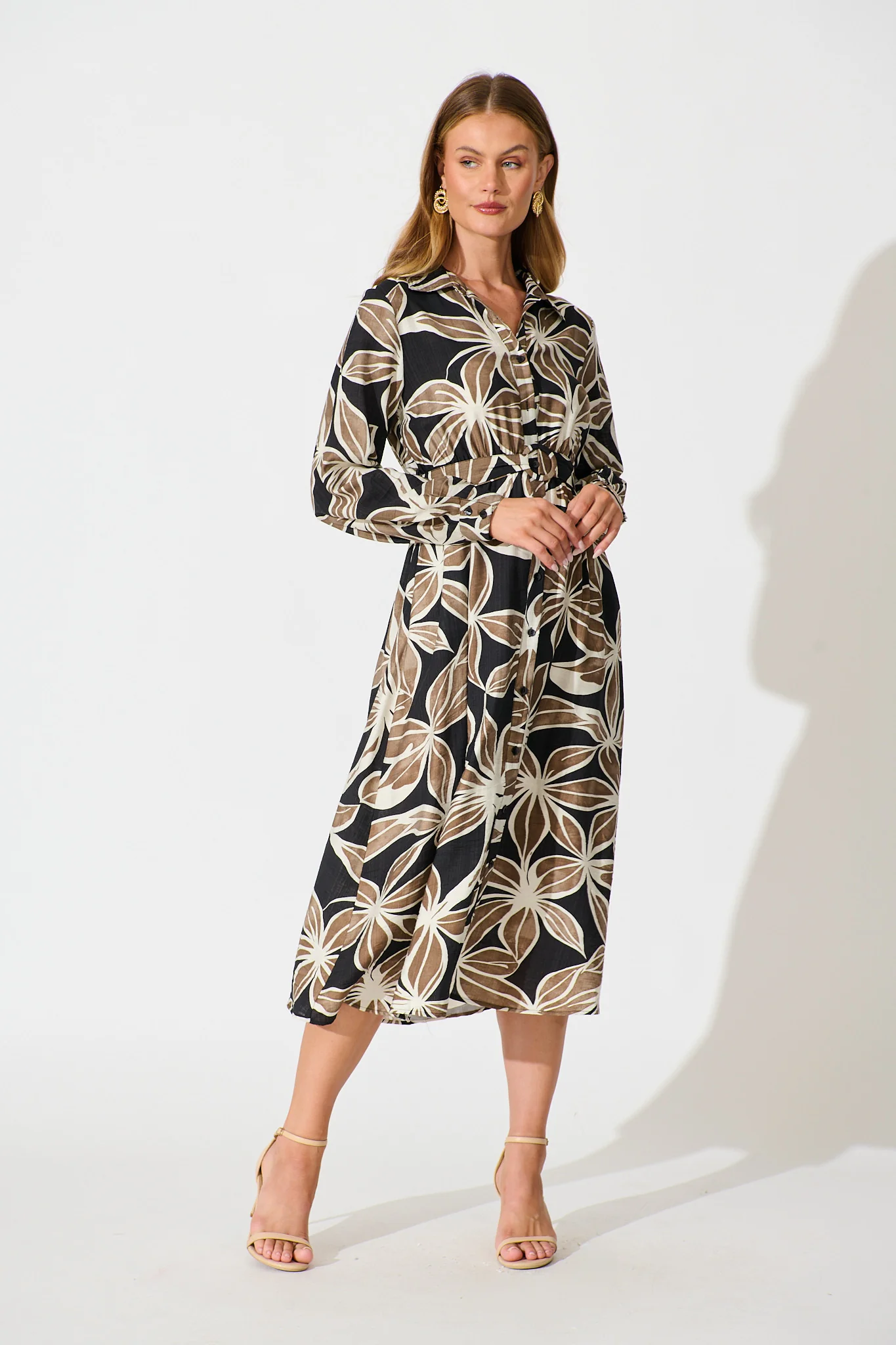 Brunswick Midi Shirt Dress in Black with Brown Leaf