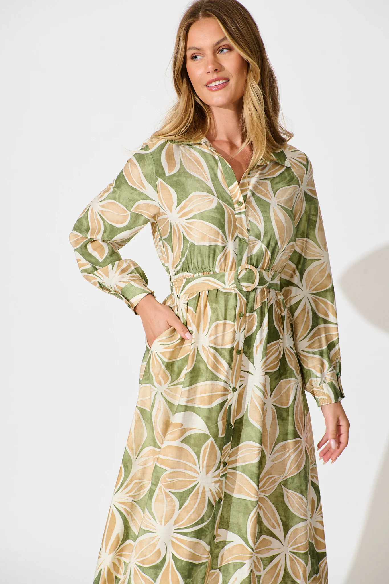 Brunswick Midi Shirt Dress in Green with Beige Leaf - Image 2