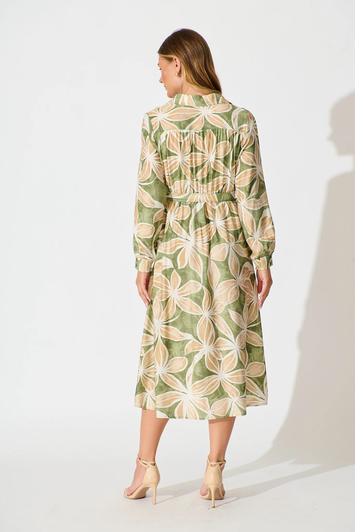 Brunswick Midi Shirt Dress in Green with Beige Leaf - Image 4