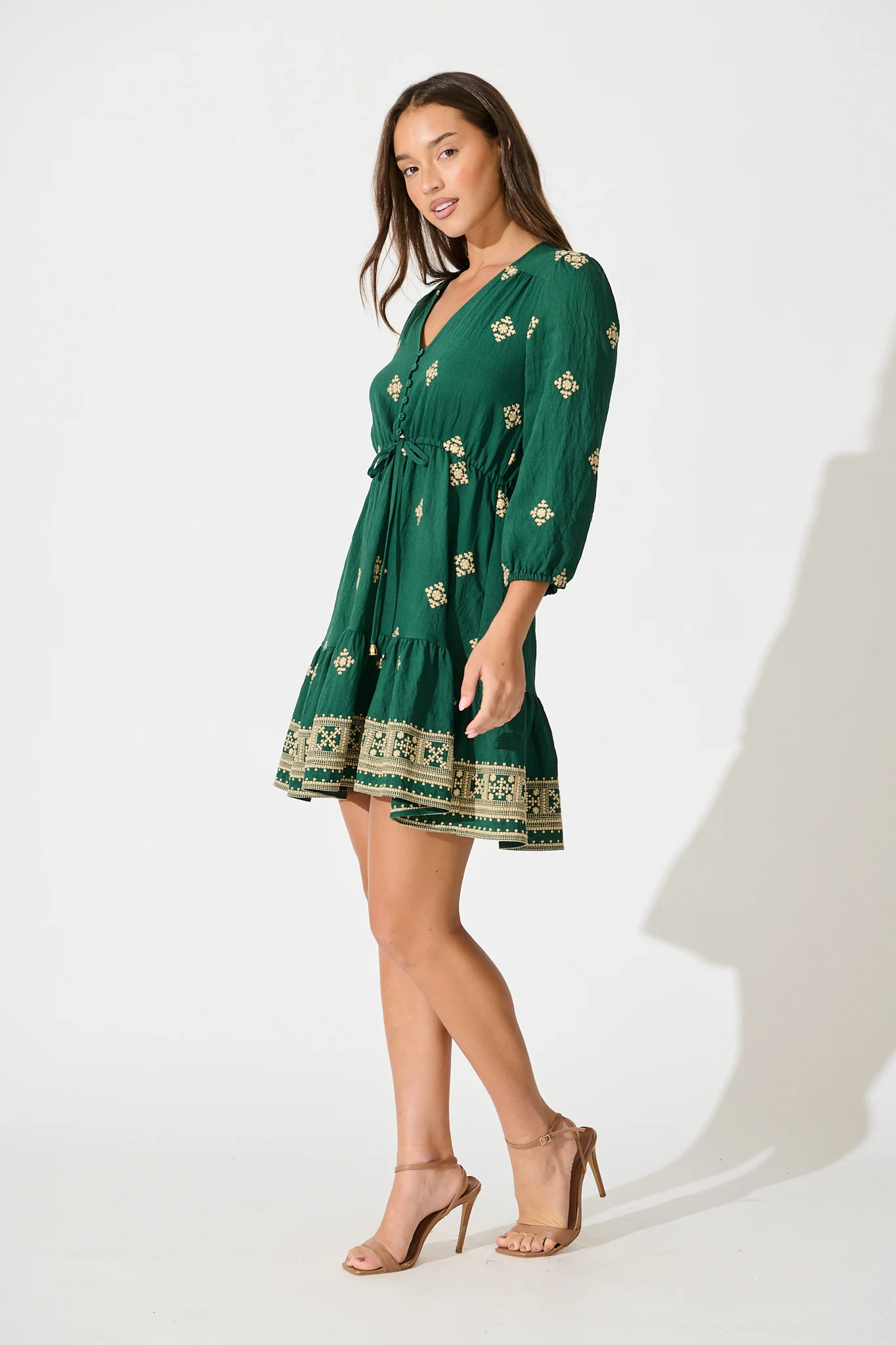 Byron Dress in Emerald with Cream Embroidery - Image 3