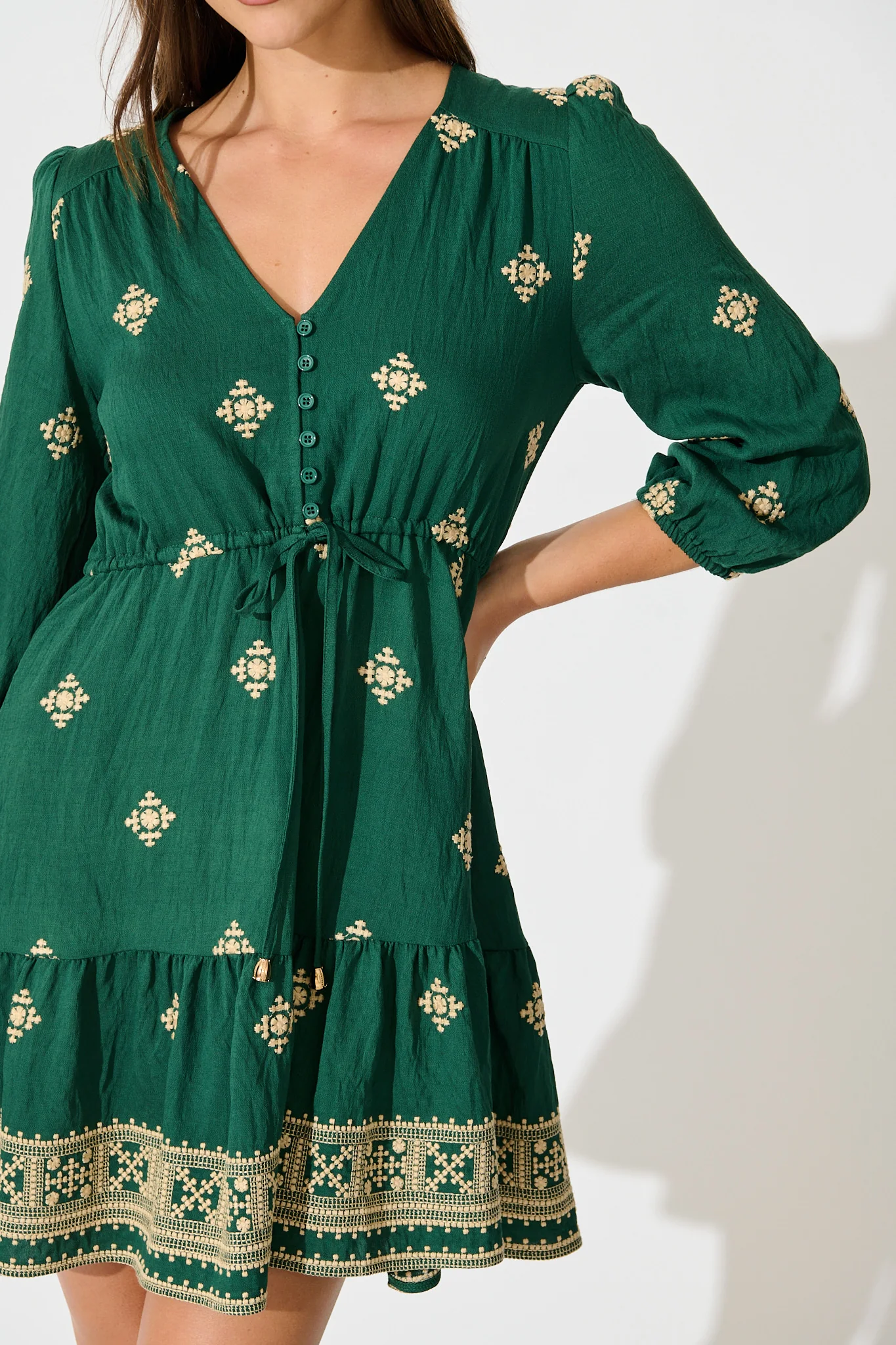 Byron Dress in Emerald with Cream Embroidery - Image 5