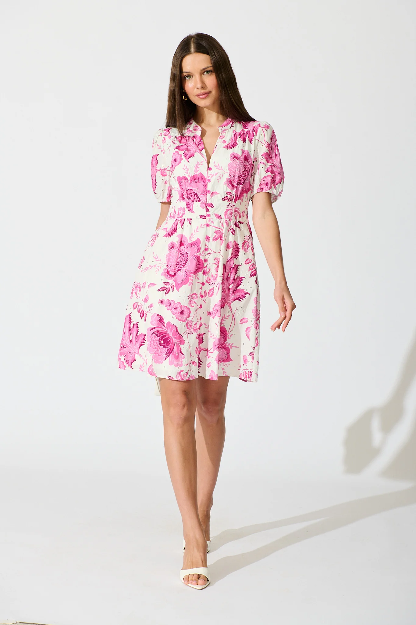 Caisy Dress in White with Purple Floral Cotton