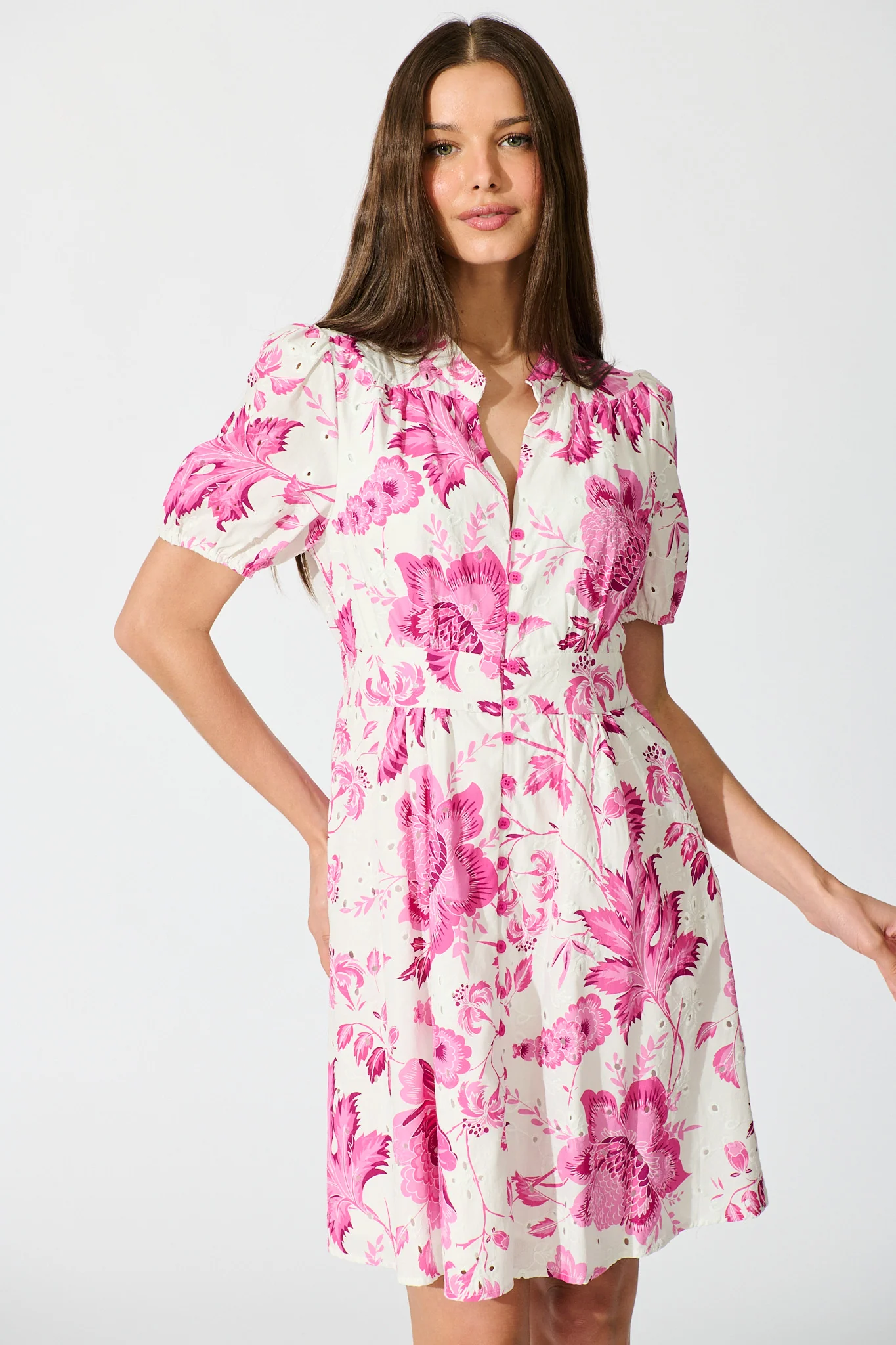 Caisy Dress in White with Purple Floral Cotton - Image 2