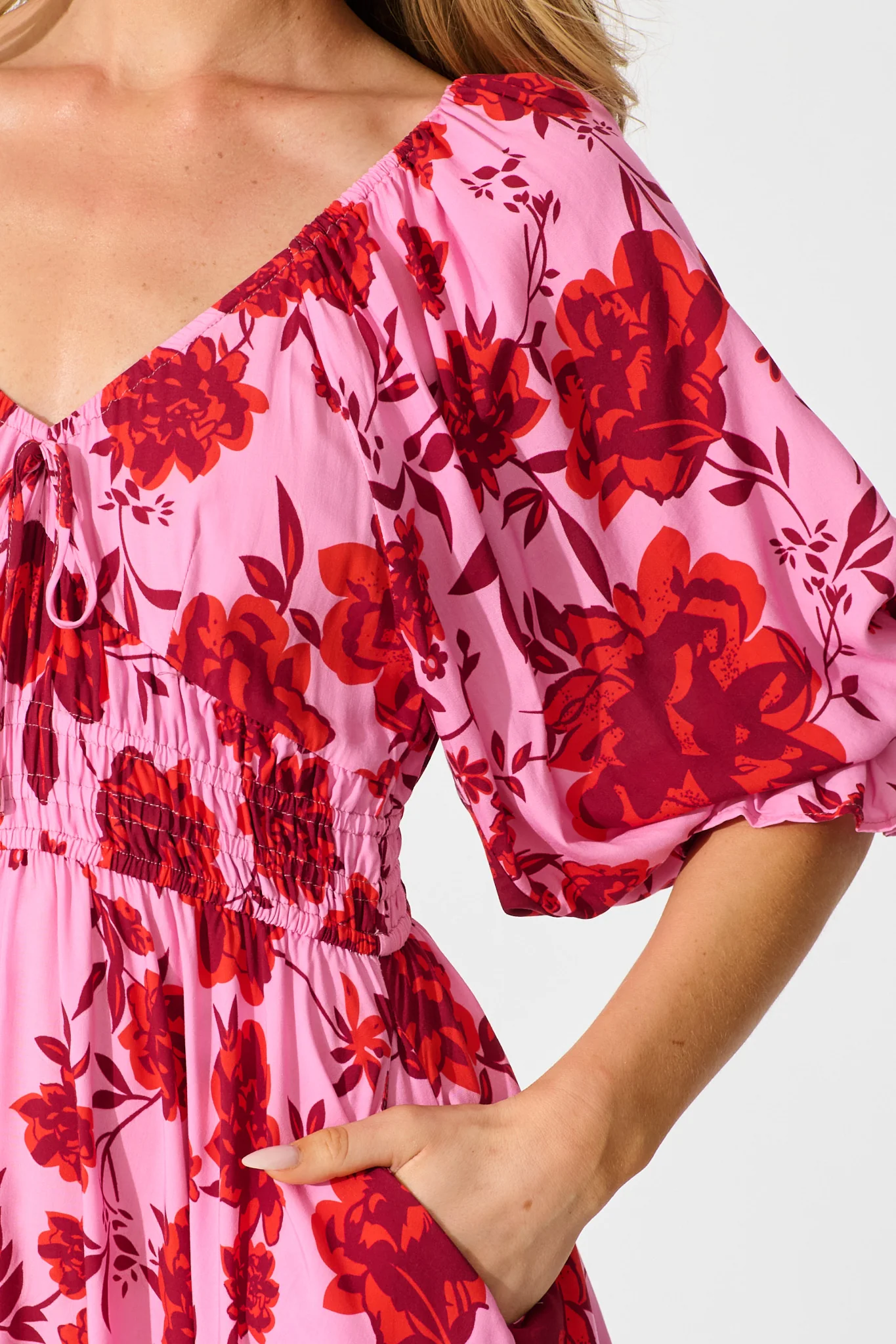 Calithea Dress in Pink with Red Floral Print - Image 5