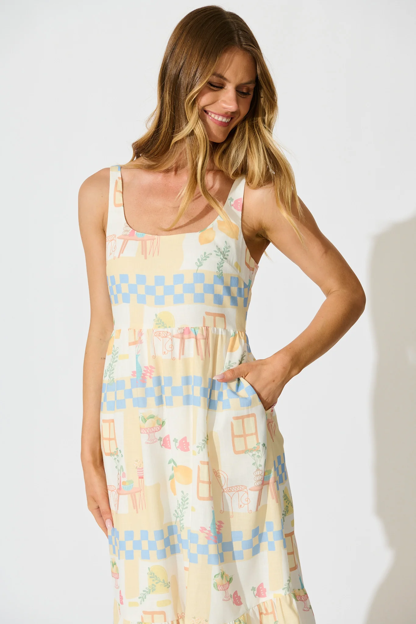 Calli Midi Sundress in Yellow Multi Lemon Linen Blend - Image 2