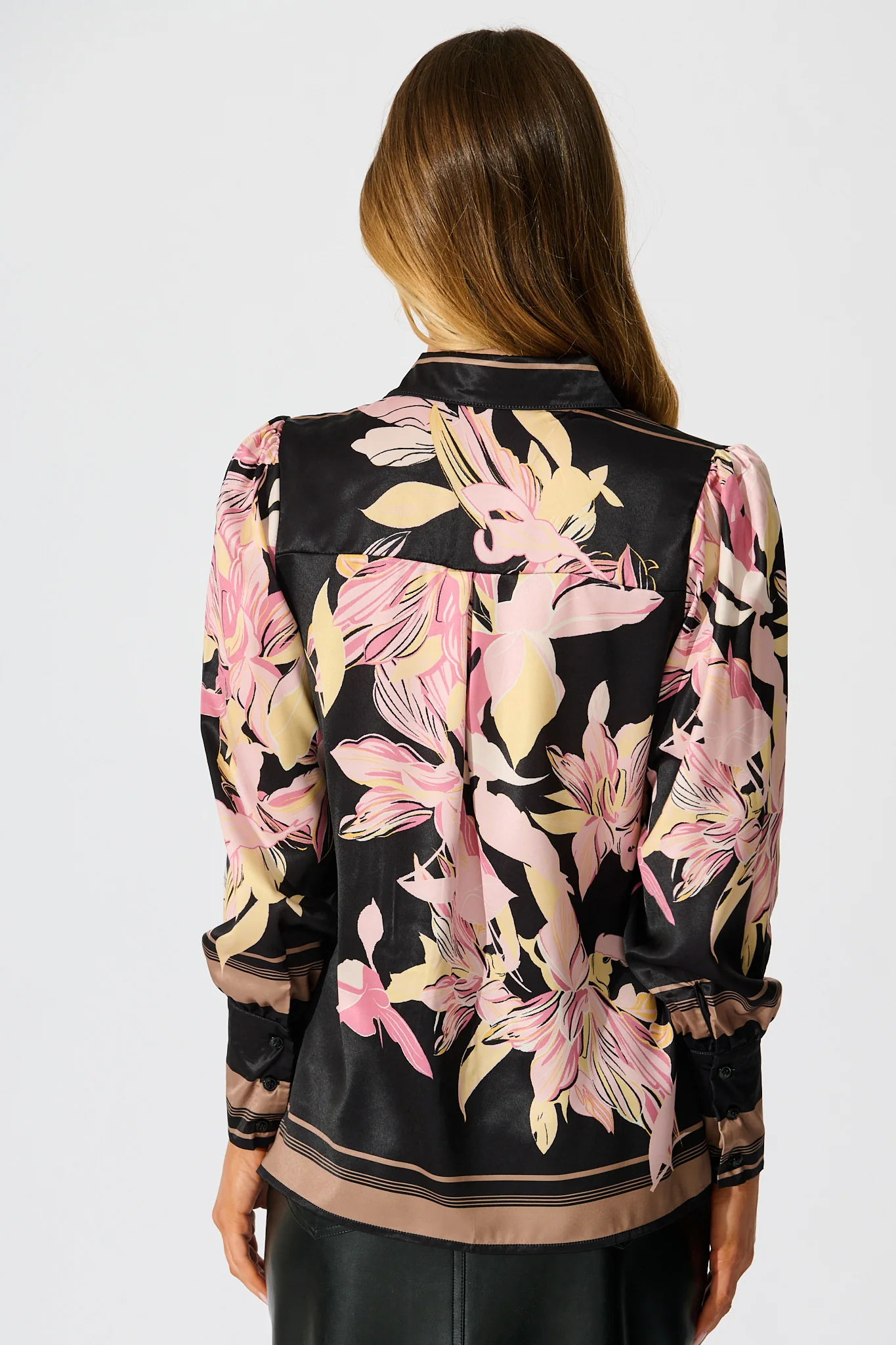 Callia Shirt in Black with Blush Floral Border Print Satin - Image 3