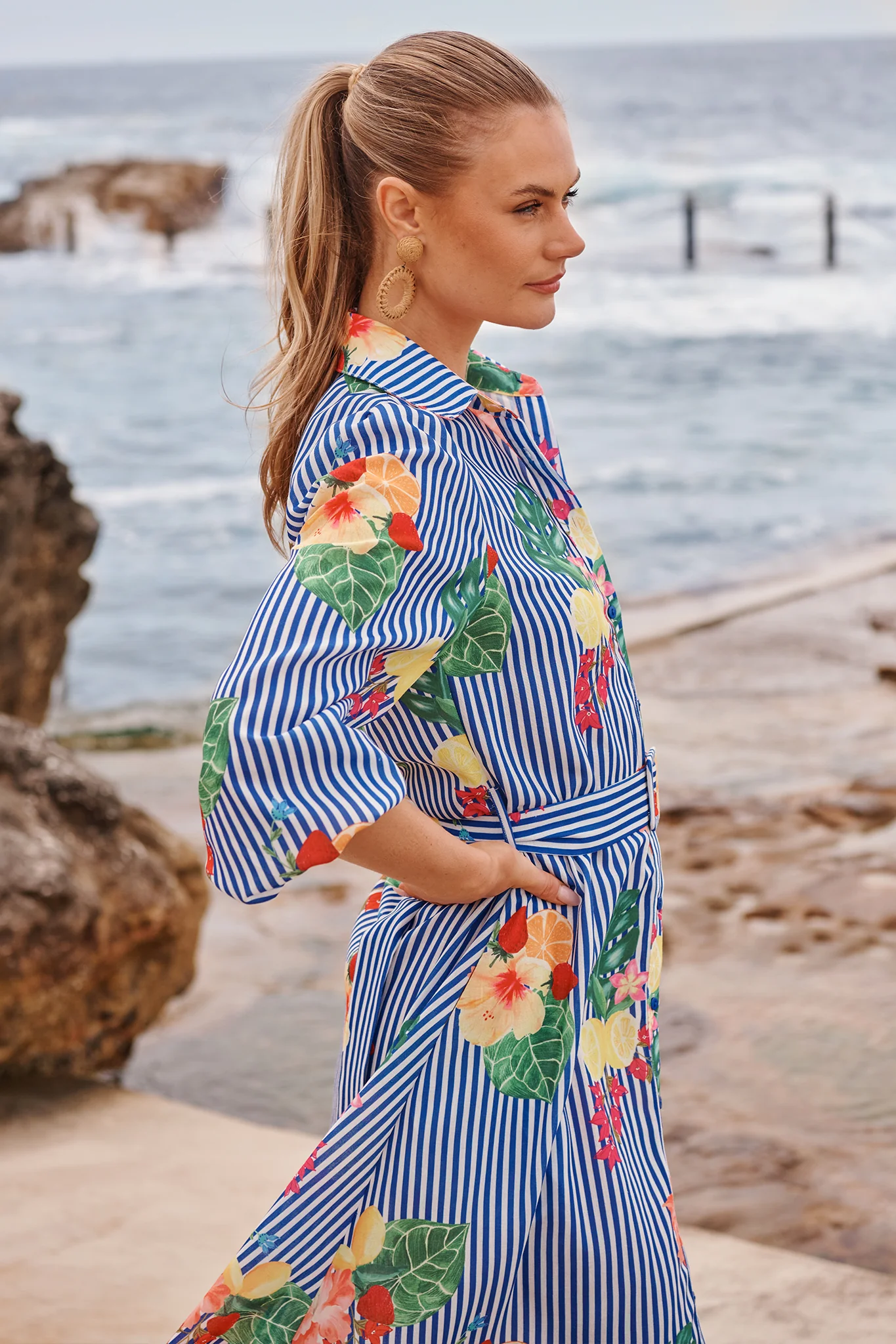 Callidora Maxi Shirt Dress in Blue Stripe Print Linen Blend - Image 5