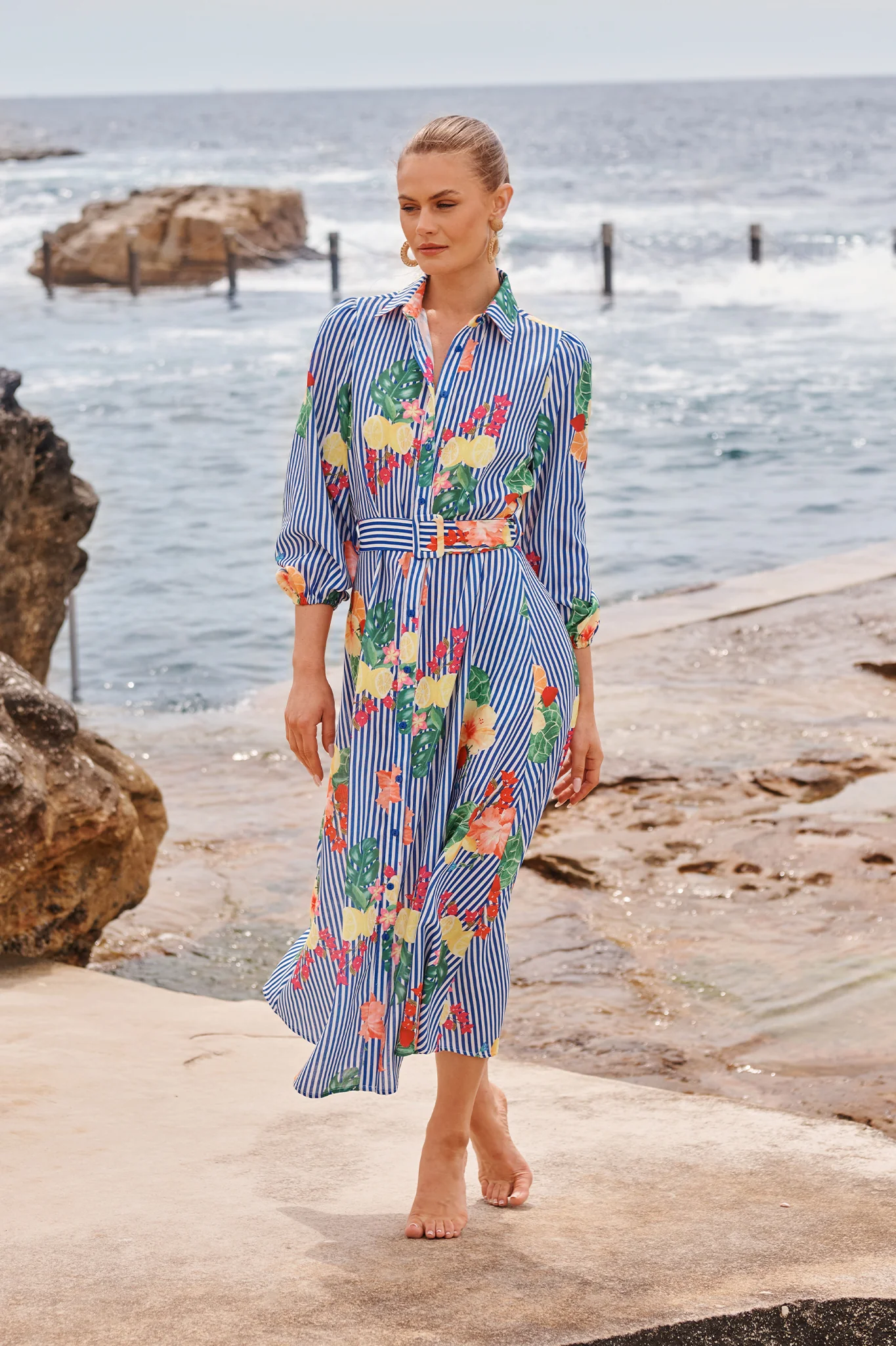 Callidora Maxi Shirt Dress in Blue Stripe Print Linen Blend - Image 6