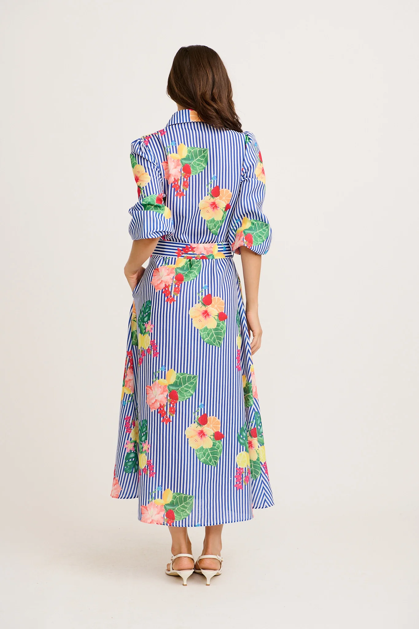 Callidora Maxi Shirt Dress in Blue Stripe Print Linen Blend - Image 9