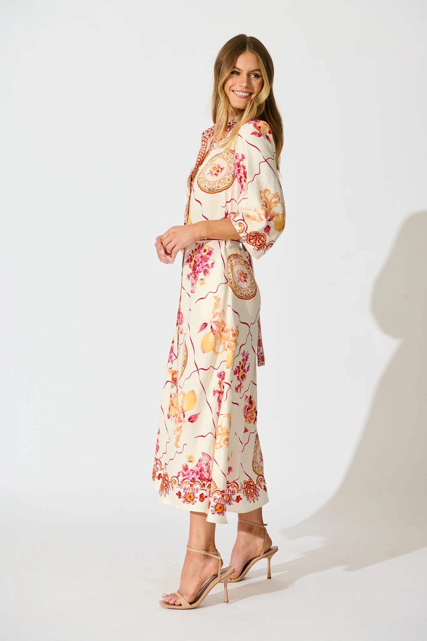 Callidora Maxi Shirt Dress In Pink Floral Print Linen Blend - Image 3
